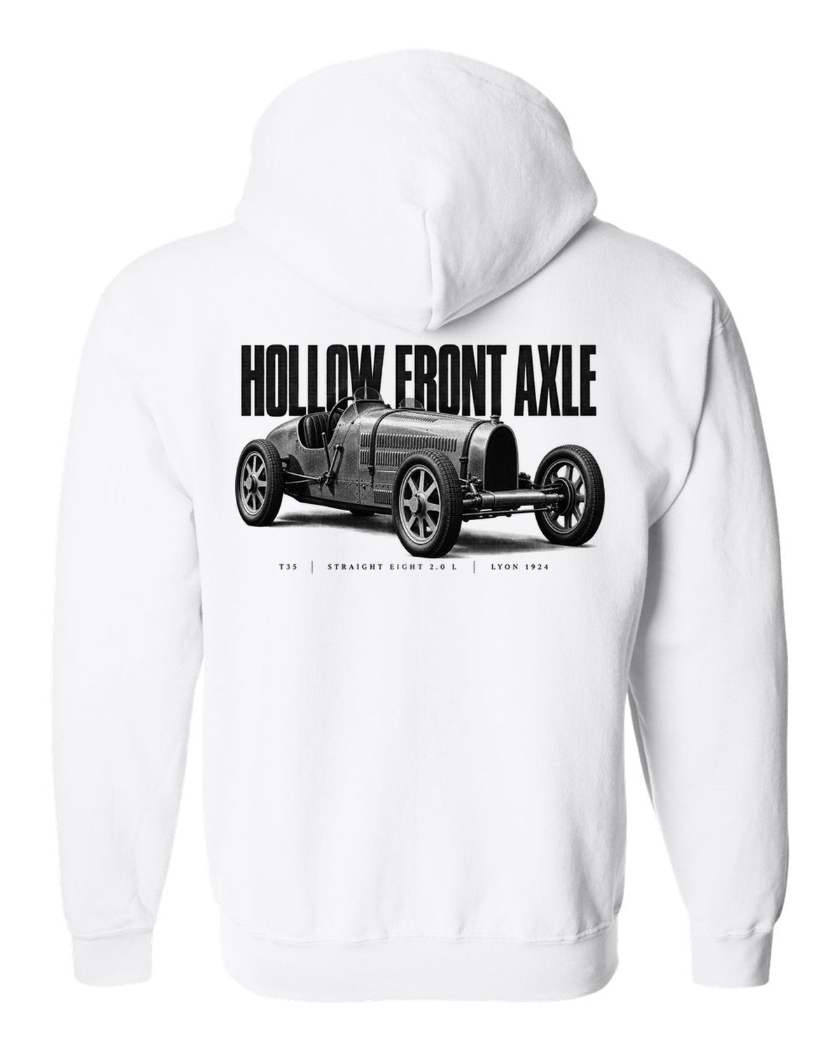 Bugatti Type 35 1924 hollow axle halftone print white zip hoodie back view with the design