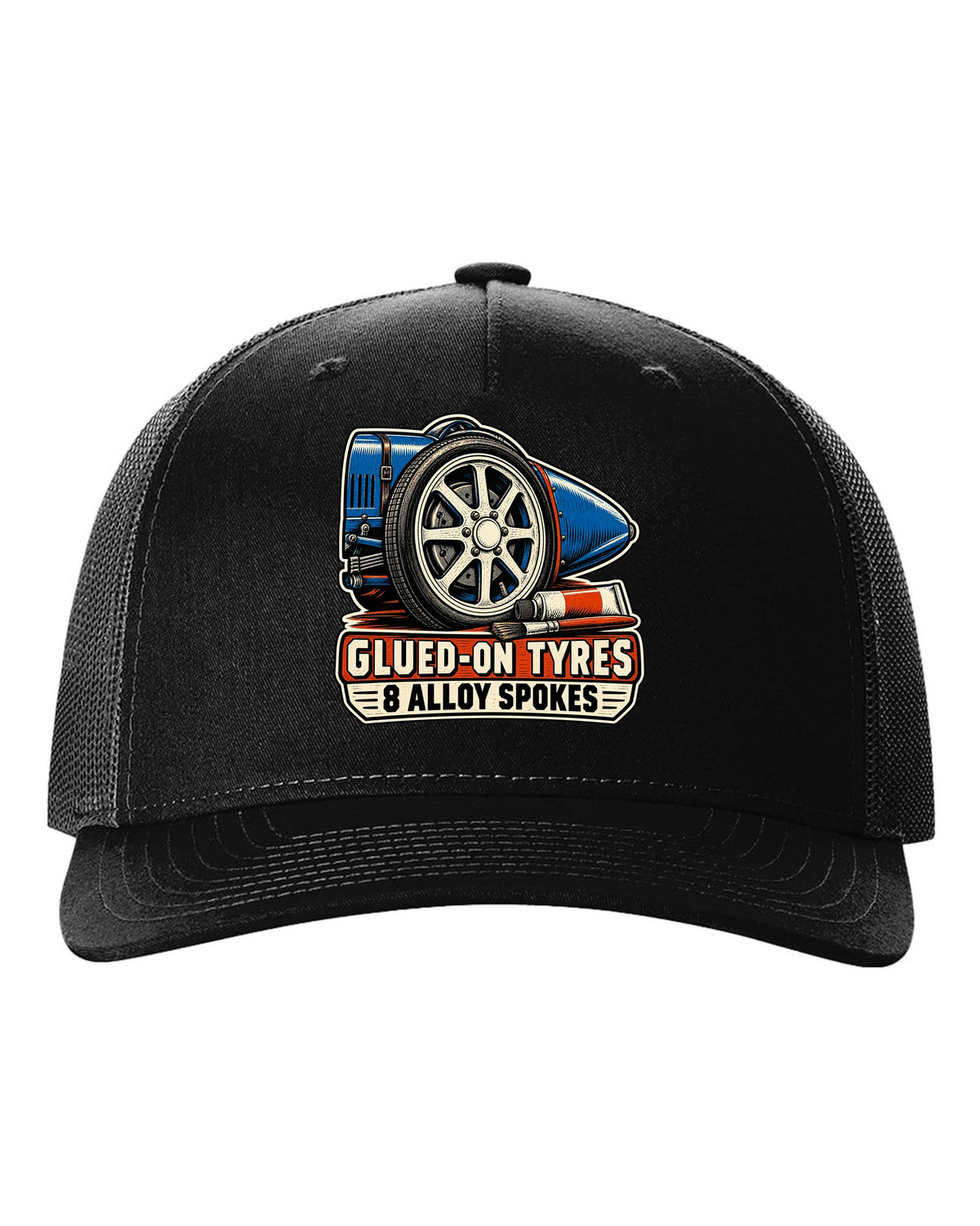 Linocut style print of a Bugatti Type 35 eight-spoke alloy wheel with glued-on tyres lettering black hat front view with the design