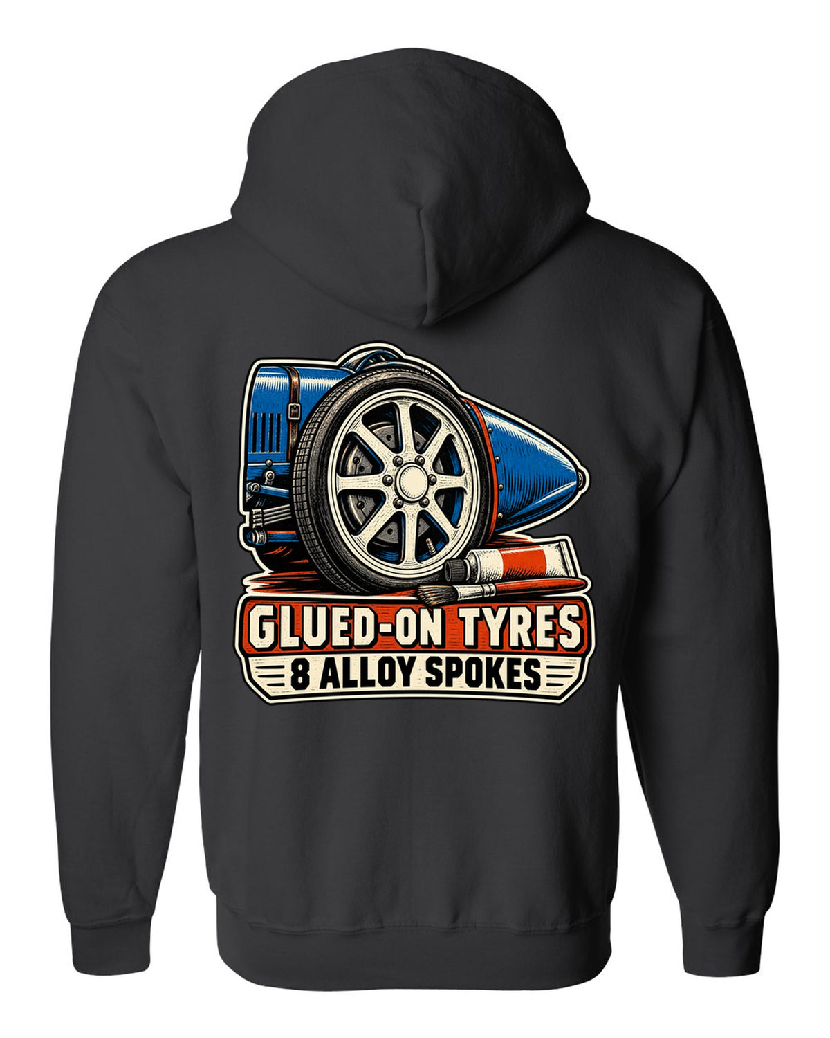 Linocut style print of a Bugatti Type 35 eight-spoke alloy wheel with glued-on tyres lettering black zip hoodie back view with the design