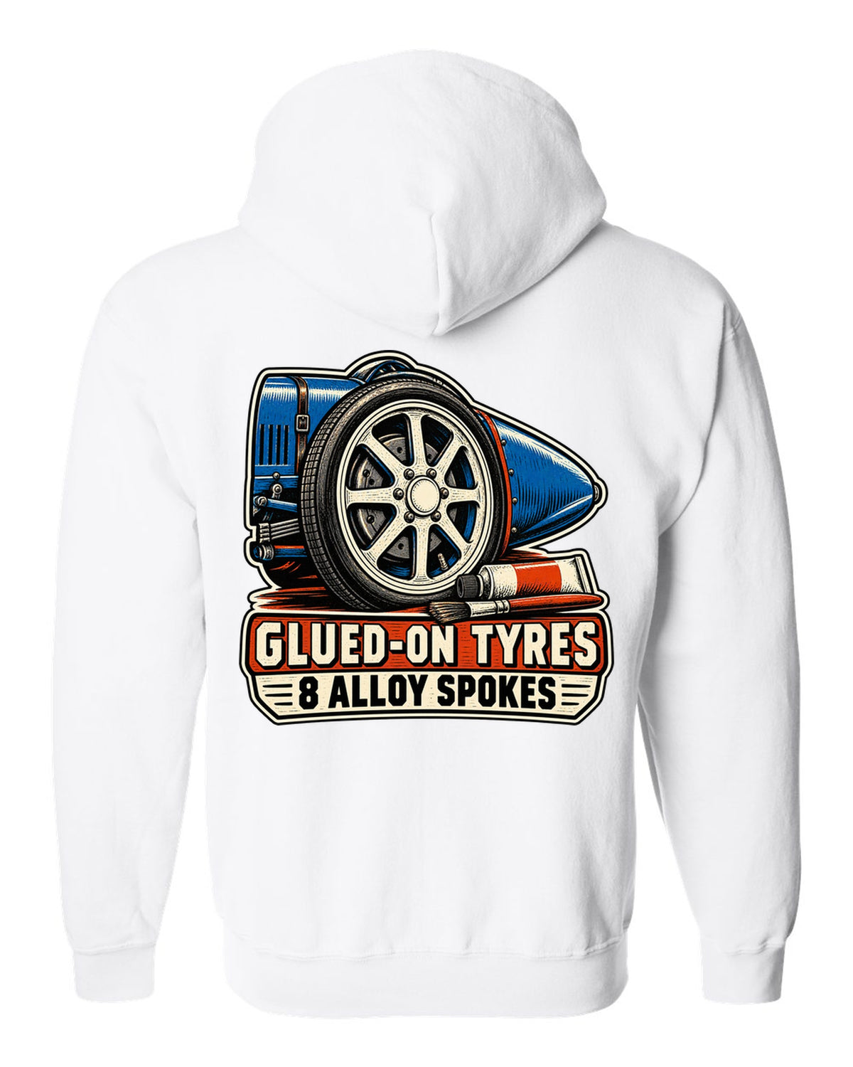 Linocut style print of a Bugatti Type 35 eight-spoke alloy wheel with glued-on tyres lettering white zip hoodie back view with the design