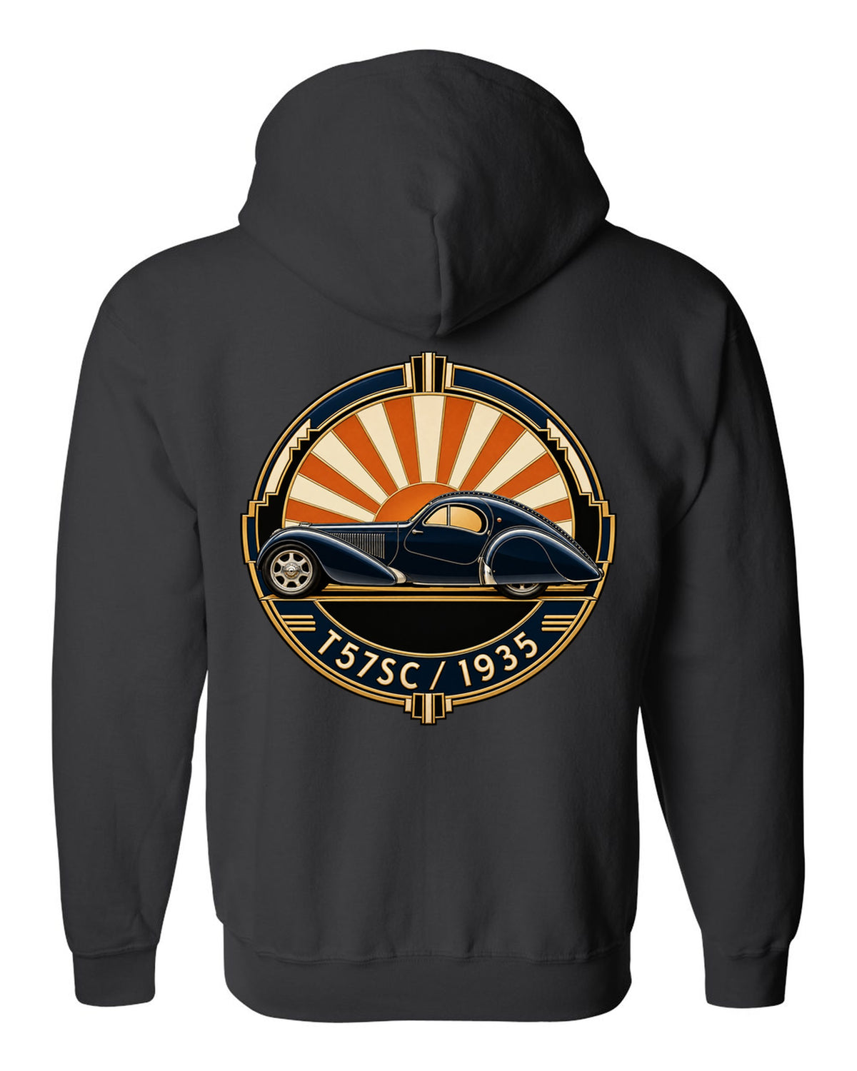 Art Deco crest design featuring the Bugatti Type 57SC Atlantic with T57SC 1935 lettering black zip hoodie back view with the design