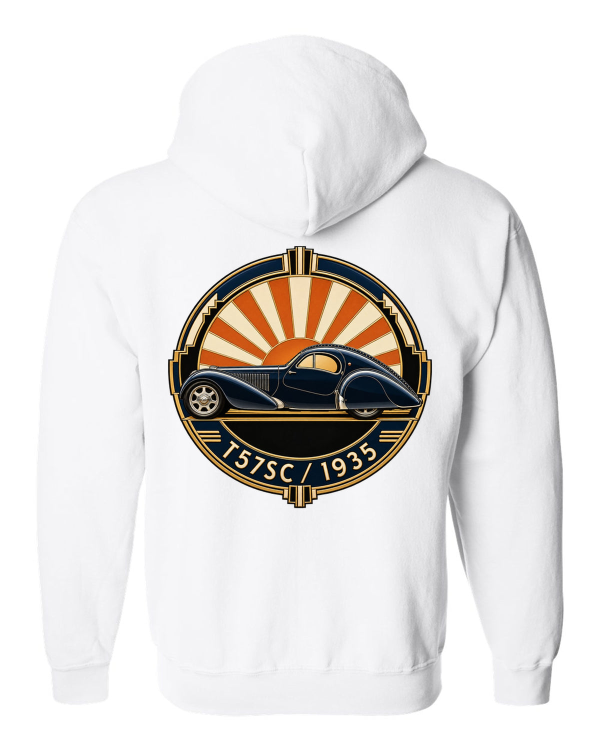 Art Deco crest design featuring the Bugatti Type 57SC Atlantic with T57SC 1935 lettering white zip hoodie back view with the design