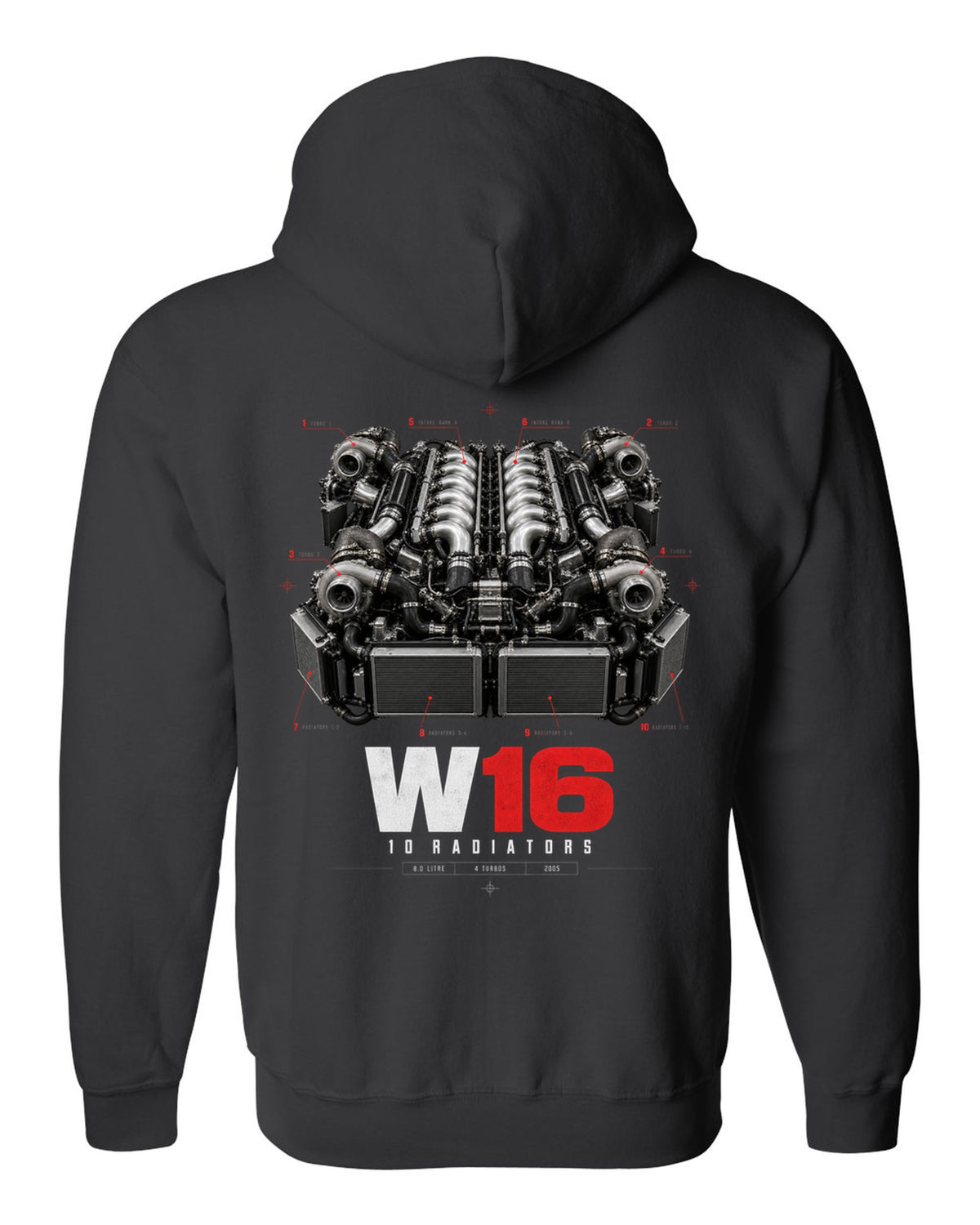 Bugatti Veyron 16.4 W16 engine poster with ten radiators black zip hoodie back view with the design
