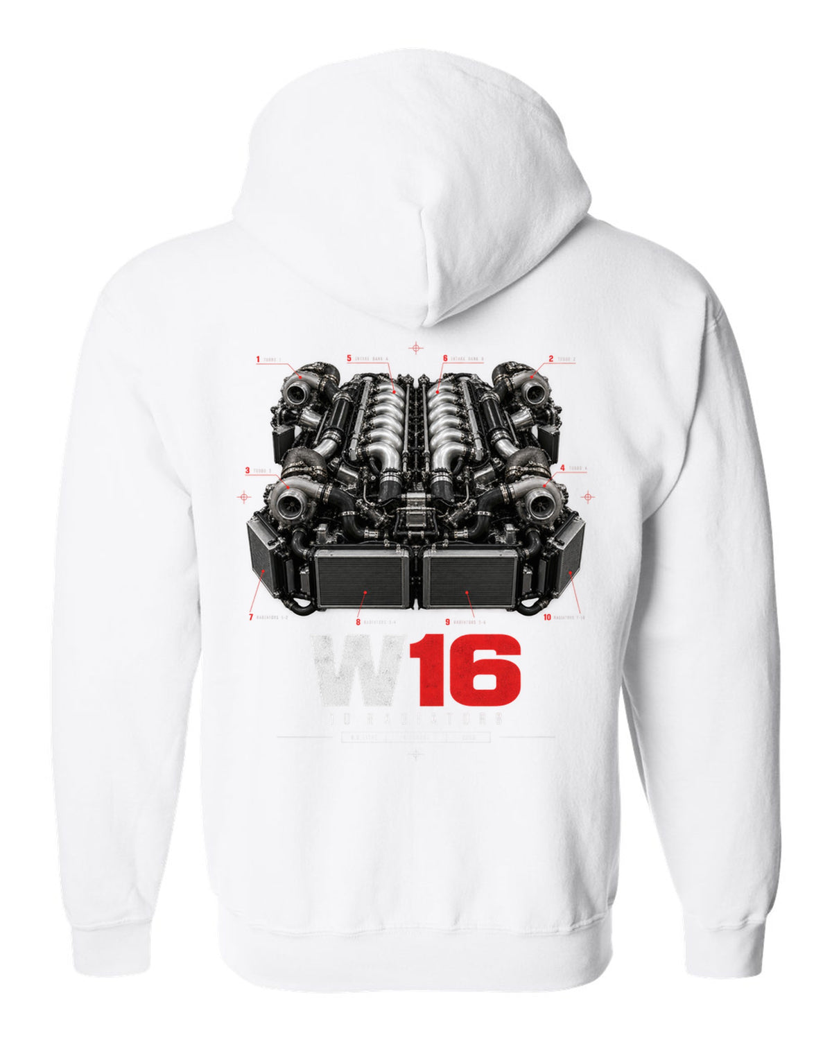 Bugatti Veyron 16.4 W16 engine poster with ten radiators white zip hoodie back view with the design