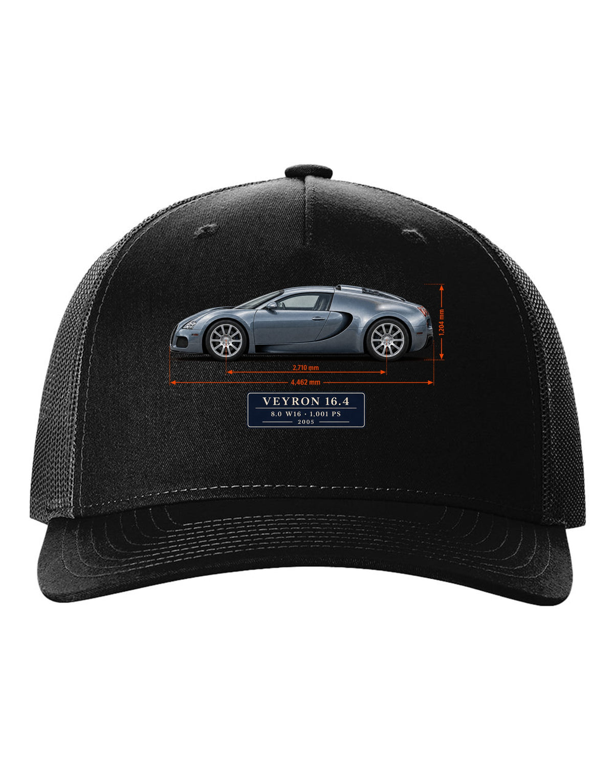 Bugatti Veyron 16.4 dimension blueprint print with size and engine specs black hat front view with the design