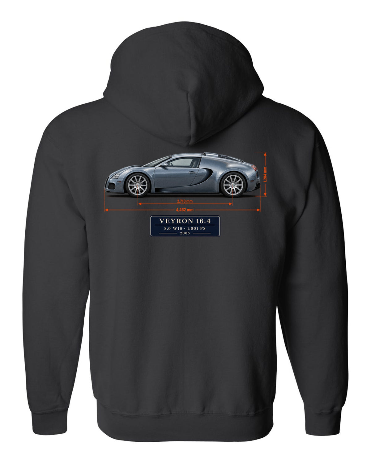 Bugatti Veyron 16.4 dimension blueprint print with size and engine specs black zip hoodie back view with the design