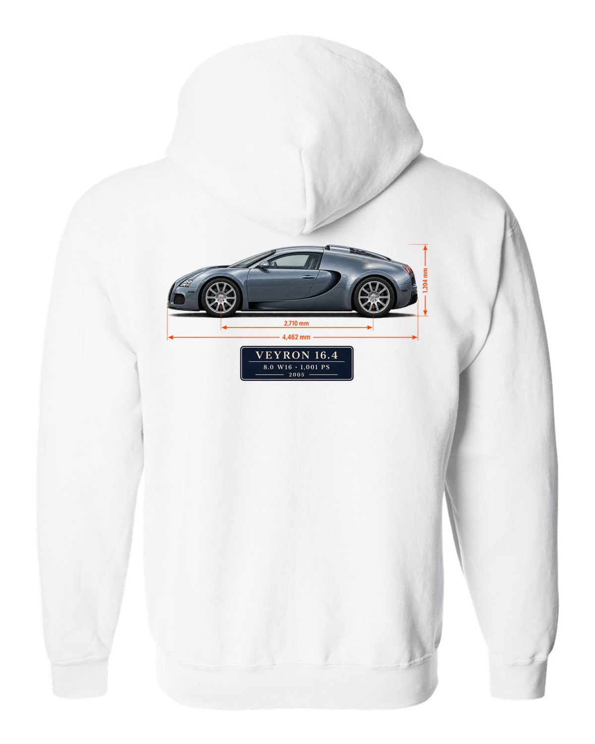 Bugatti Veyron 16.4 dimension blueprint print with size and engine specs white zip hoodie back view with the design