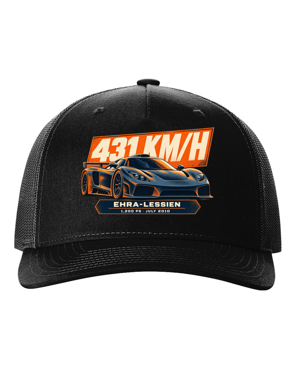 Halftone poster-style Bugatti Veyron 16.4 Super Sport with record-run text on the front of a tee black hat front view with the design