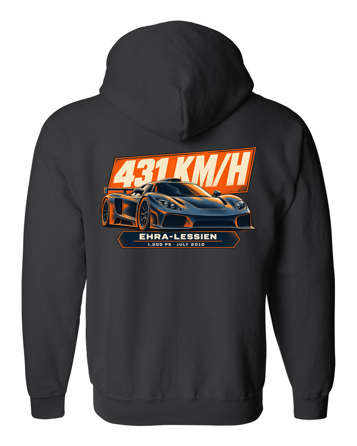 Halftone poster-style Bugatti Veyron 16.4 Super Sport with record-run text on the front of a tee black zip hoodie back view with the design