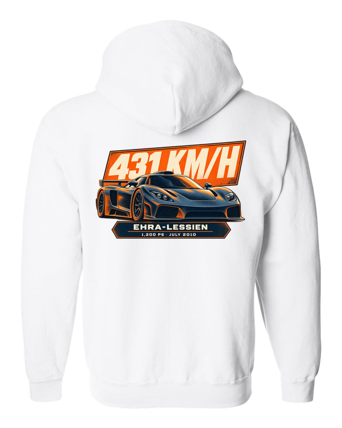 Halftone poster-style Bugatti Veyron 16.4 Super Sport with record-run text on the front of a tee white zip hoodie back view with the design
