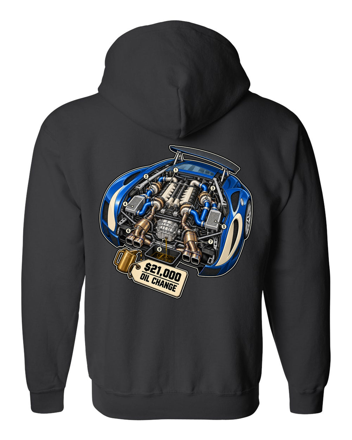 Exploded cutaway diagram print of the Bugatti Veyron 16.4 W16 engine with oil change lettering black zip hoodie back view with the design