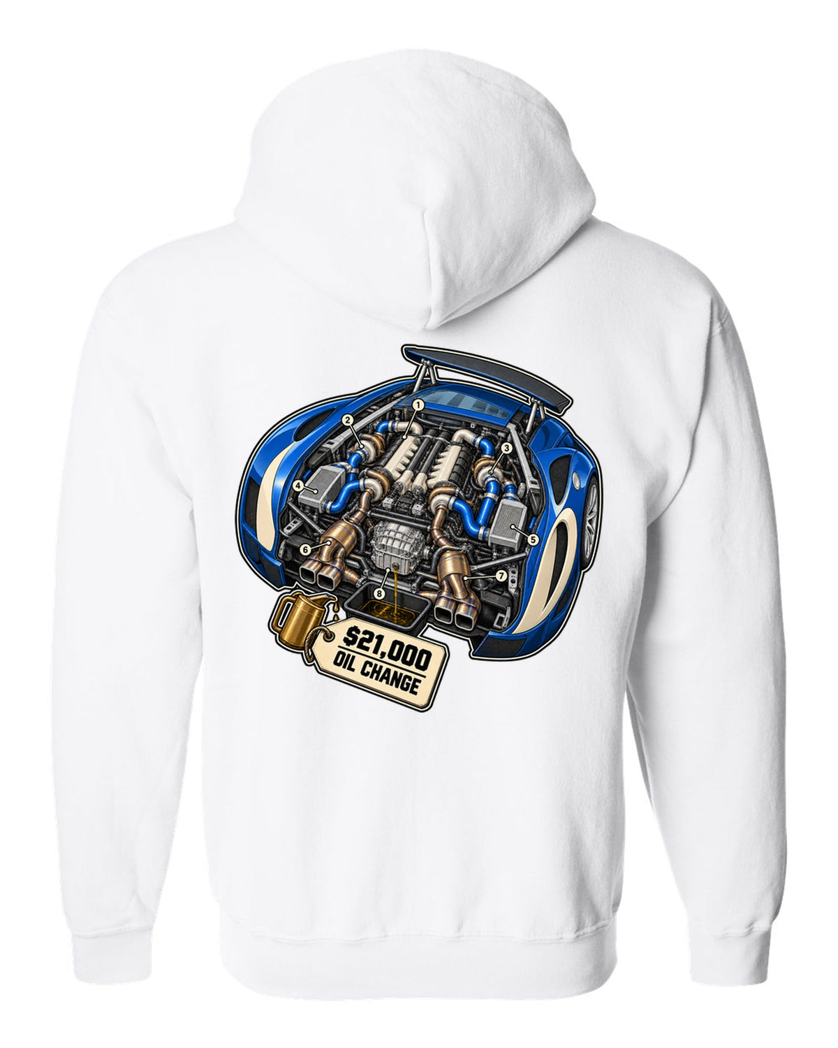 Exploded cutaway diagram print of the Bugatti Veyron 16.4 W16 engine with oil change lettering white zip hoodie back view with the design