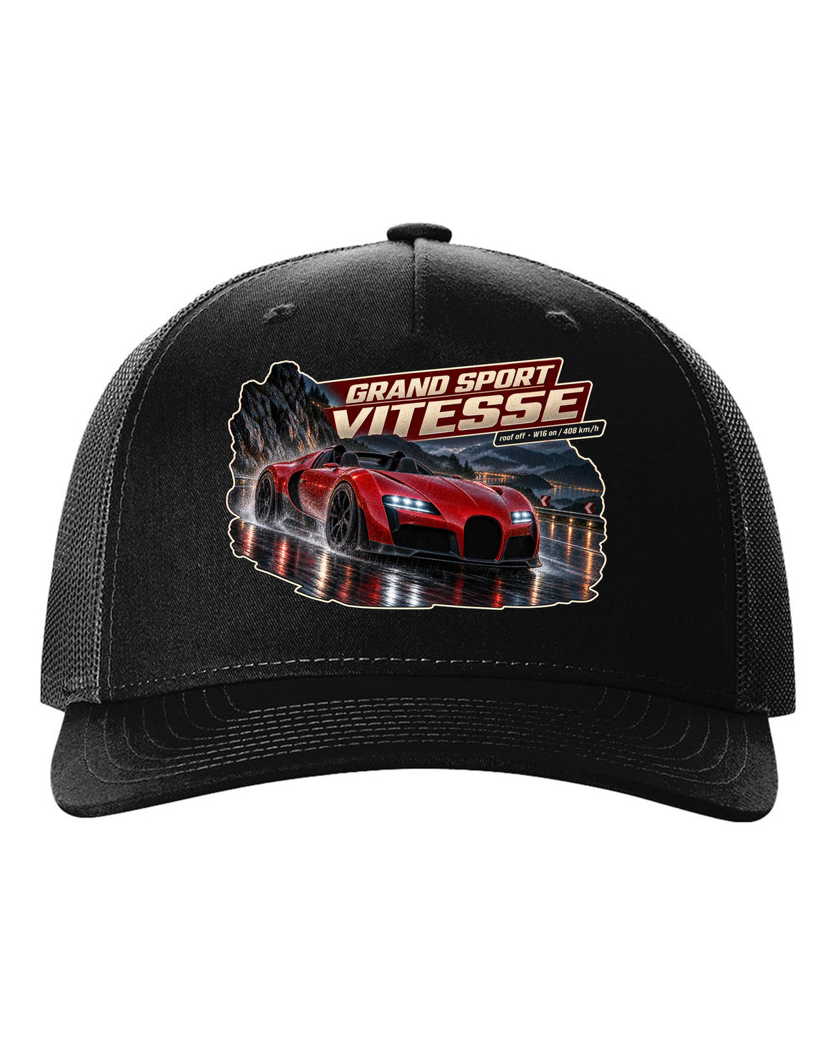 Night street poster of a Bugatti Veyron Grand Sport Vitesse with the roof off, print black hat front view with the design