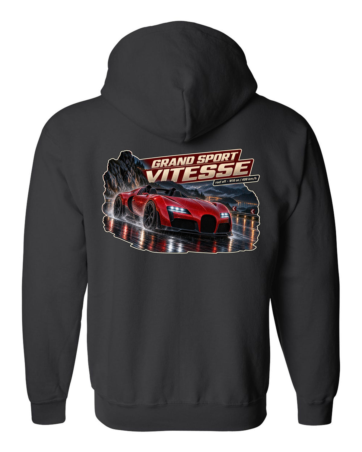 Night street poster of a Bugatti Veyron Grand Sport Vitesse with the roof off, print black zip hoodie back view with the design