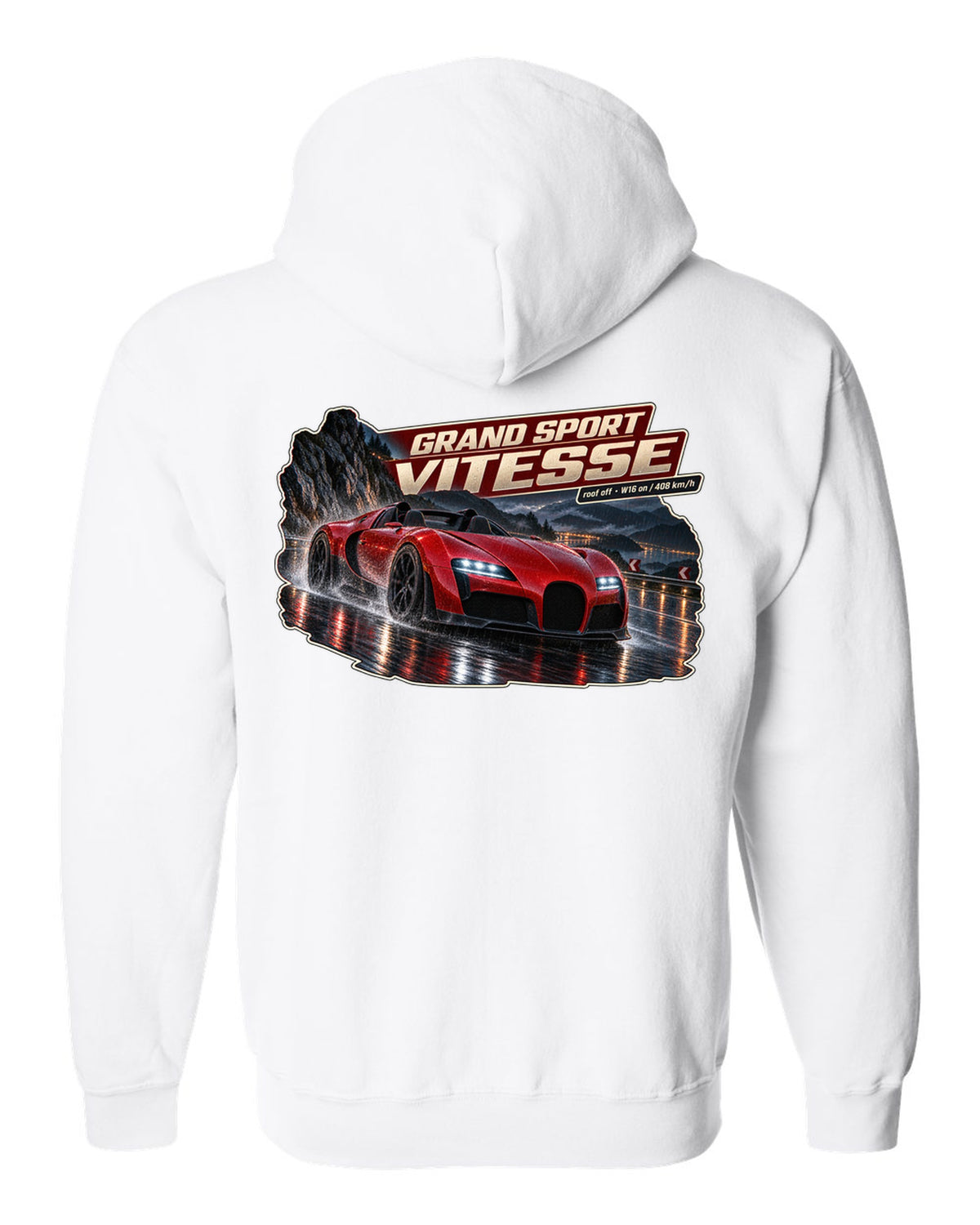 Night street poster of a Bugatti Veyron Grand Sport Vitesse with the roof off, print white zip hoodie back view with the design