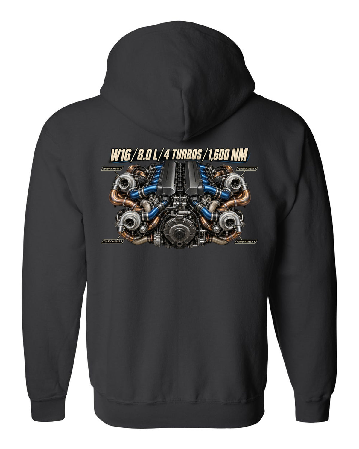 Bugatti W16 8.0 litre quad-turbo engine poster print black zip hoodie back view with the design