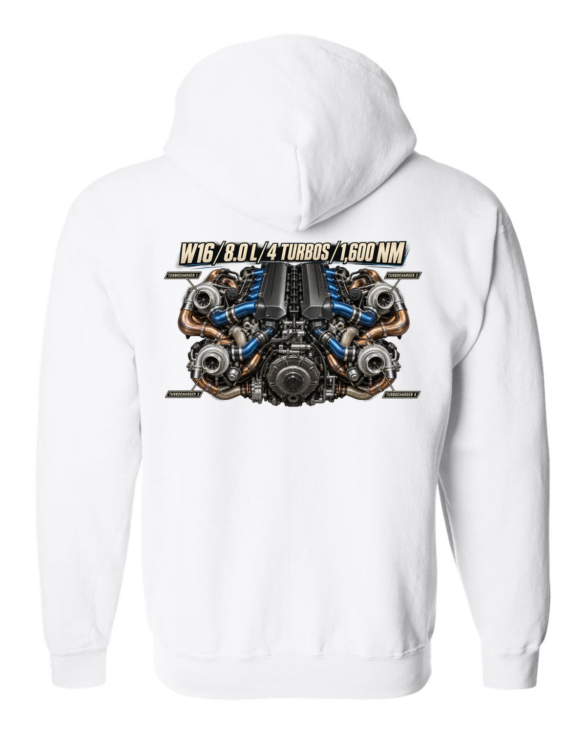Bugatti W16 8.0 litre quad-turbo engine poster print white zip hoodie back view with the design