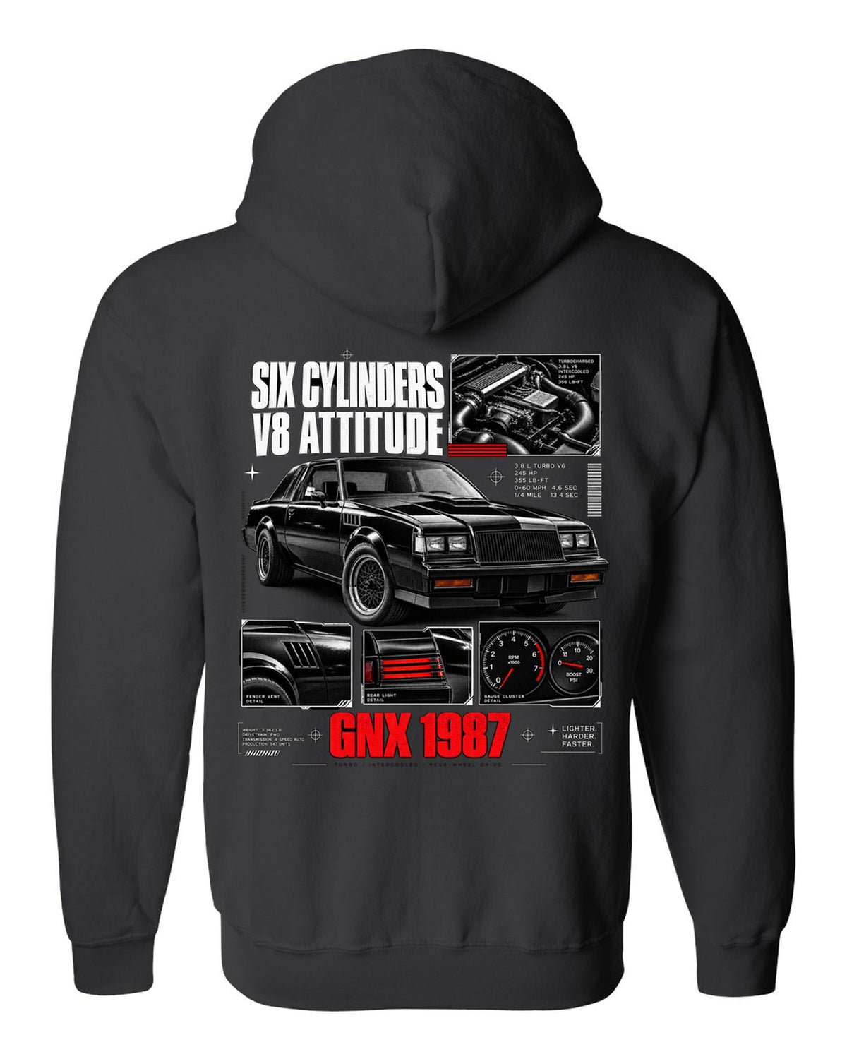 print dossier panels of a 1987 Buick GNX with six cylinders V8 attitude lettering black zip hoodie back view with the design