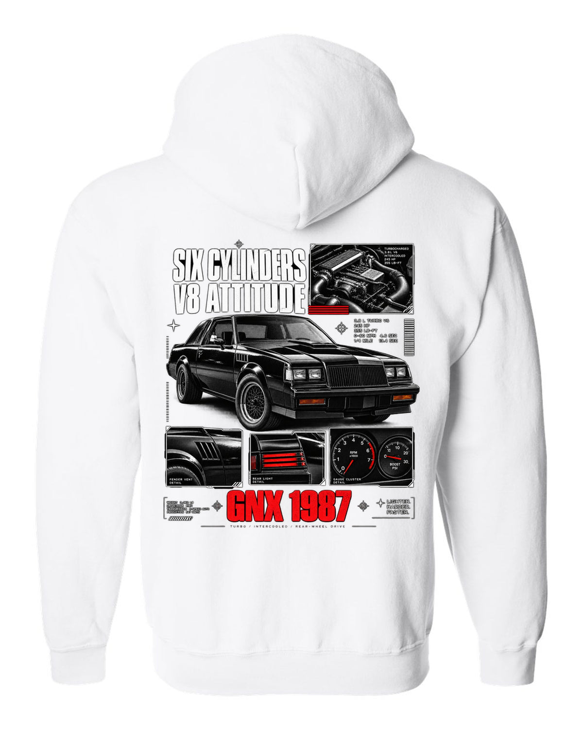 print dossier panels of a 1987 Buick GNX with six cylinders V8 attitude lettering white zip hoodie back view with the design