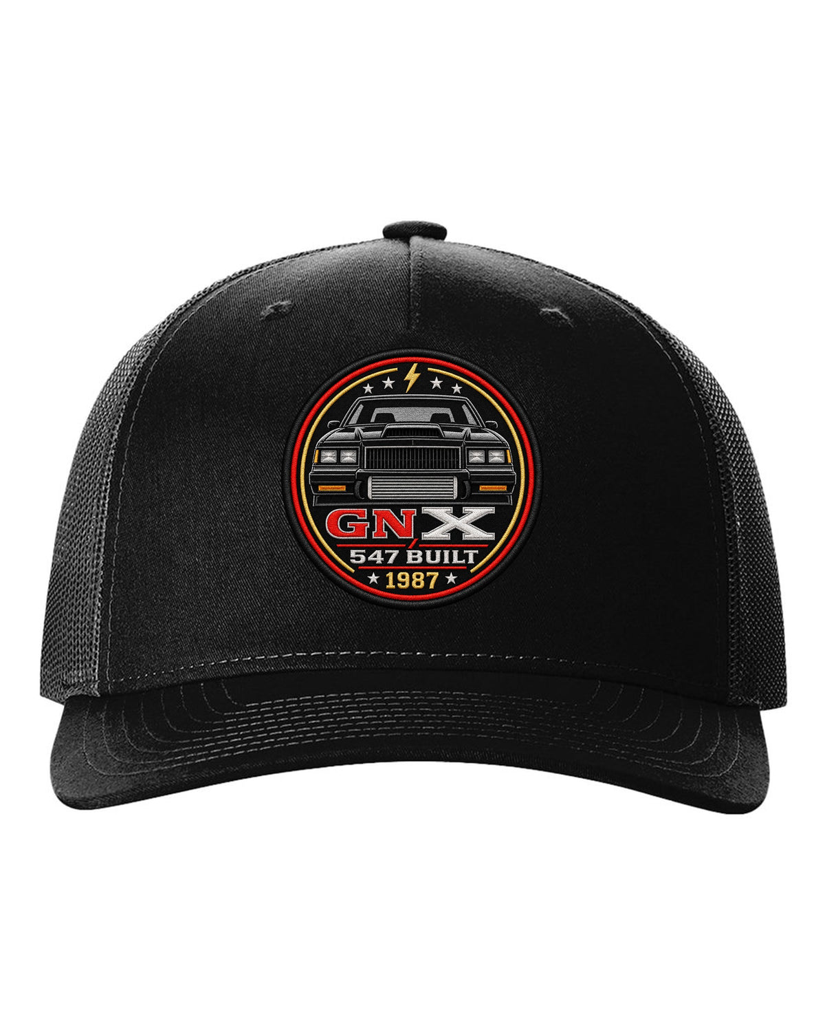 1987 Buick GNX coupe inside a round crest design with 547 built text black hat front view with the design