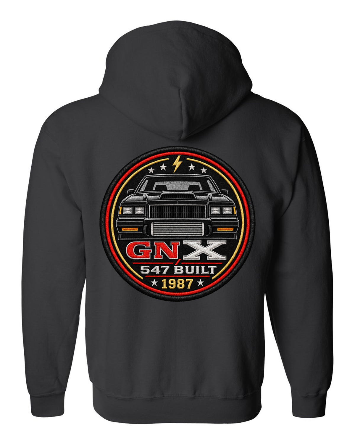1987 Buick GNX coupe inside a round crest design with 547 built text black zip hoodie back view with the design