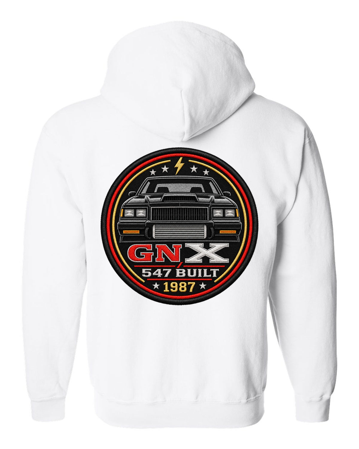 1987 Buick GNX coupe inside a round crest design with 547 built text white zip hoodie back view with the design