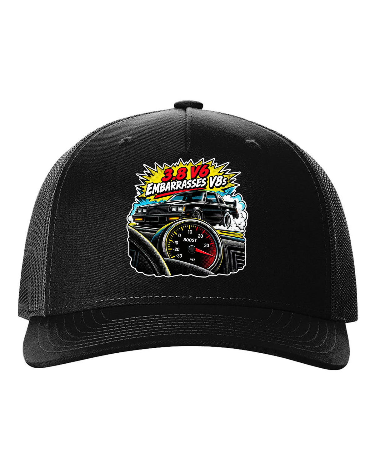 Comic halftone pop-art illustration of a 1987 Buick Grand National with boost gauge and V6 lettering black hat front view with the design