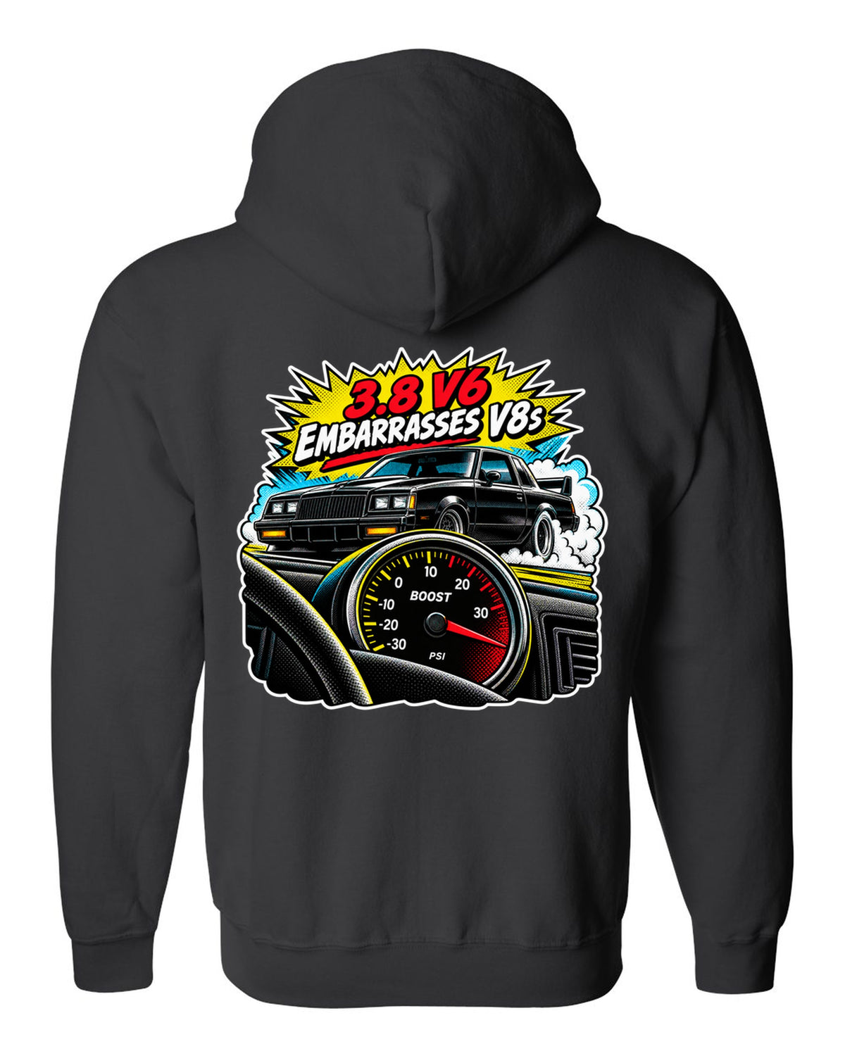 Comic halftone pop-art illustration of a 1987 Buick Grand National with boost gauge and V6 lettering black zip hoodie back view with the design