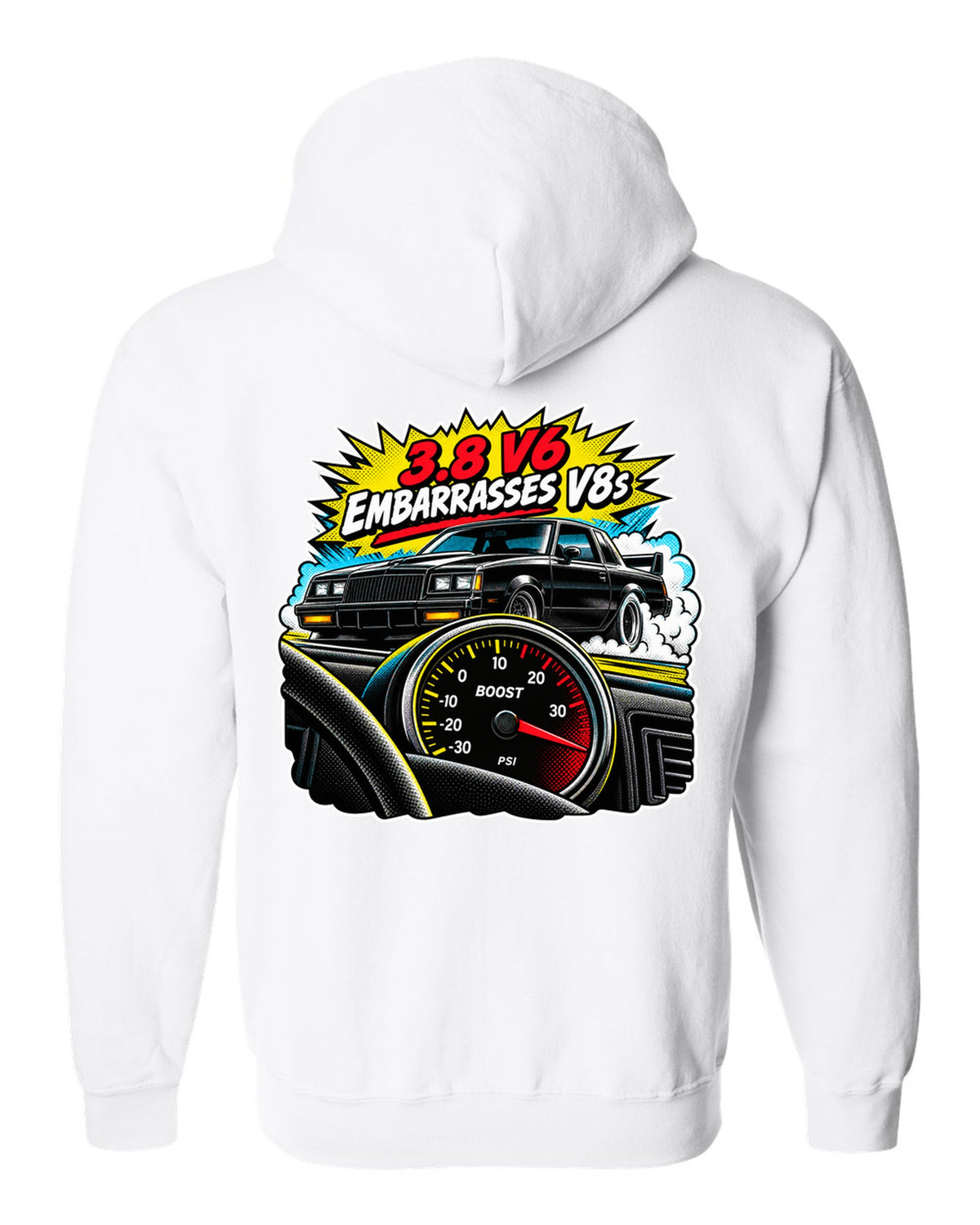 Comic halftone pop-art illustration of a 1987 Buick Grand National with boost gauge and V6 lettering white zip hoodie back view with the design