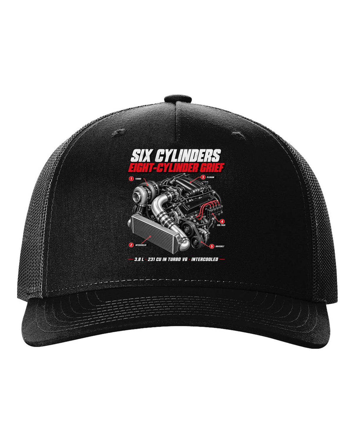 1987 Buick Grand National 3.8 turbo V6 engine callout print black hat front view with the design
