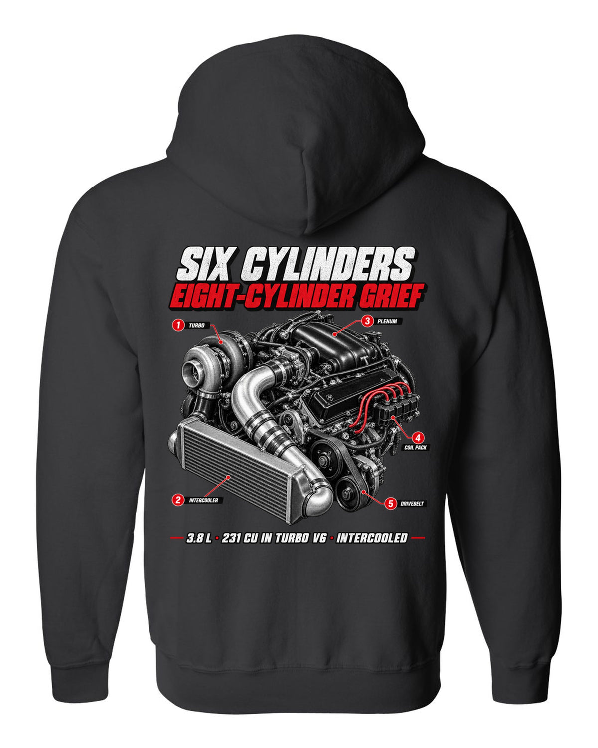 1987 Buick Grand National 3.8 turbo V6 engine callout print black zip hoodie back view with the design