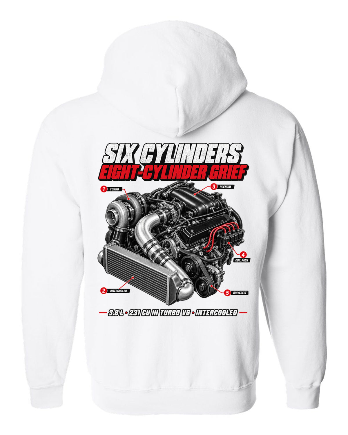 1987 Buick Grand National 3.8 turbo V6 engine callout print white zip hoodie back view with the design