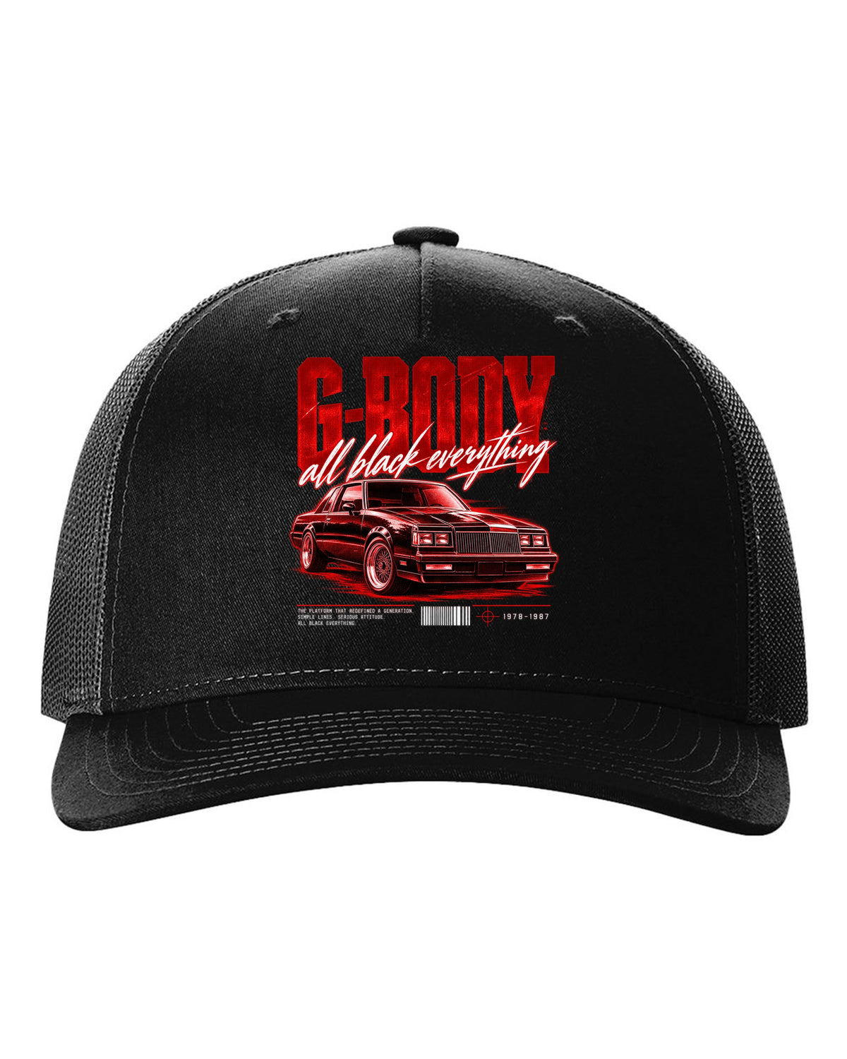 print street poster of an all black Buick Regal G-body coupe 1984-87 black hat front view with the design