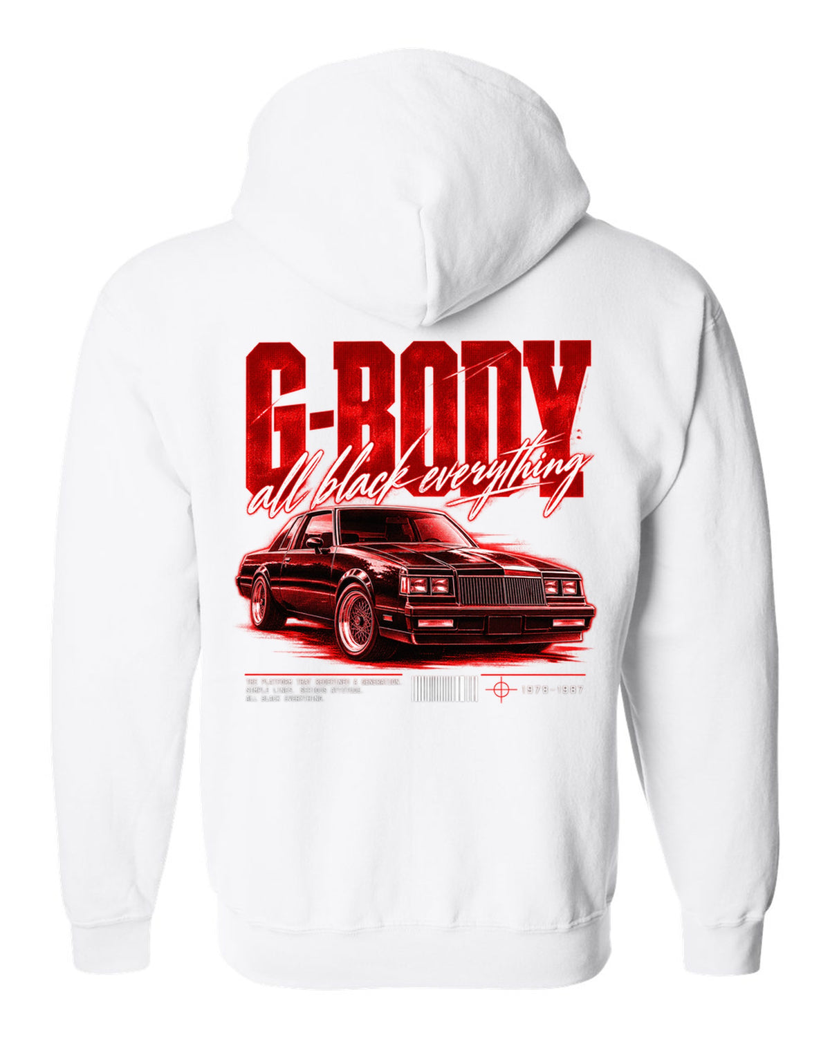 print street poster of an all black Buick Regal G-body coupe 1984-87 white zip hoodie back view with the design