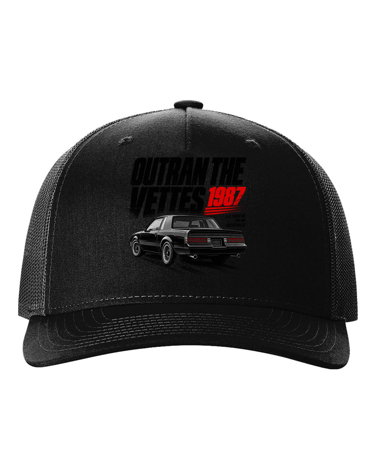 print halftone of a 1987 Buick Regal GN with outran the Vettes lettering black hat front view with the design