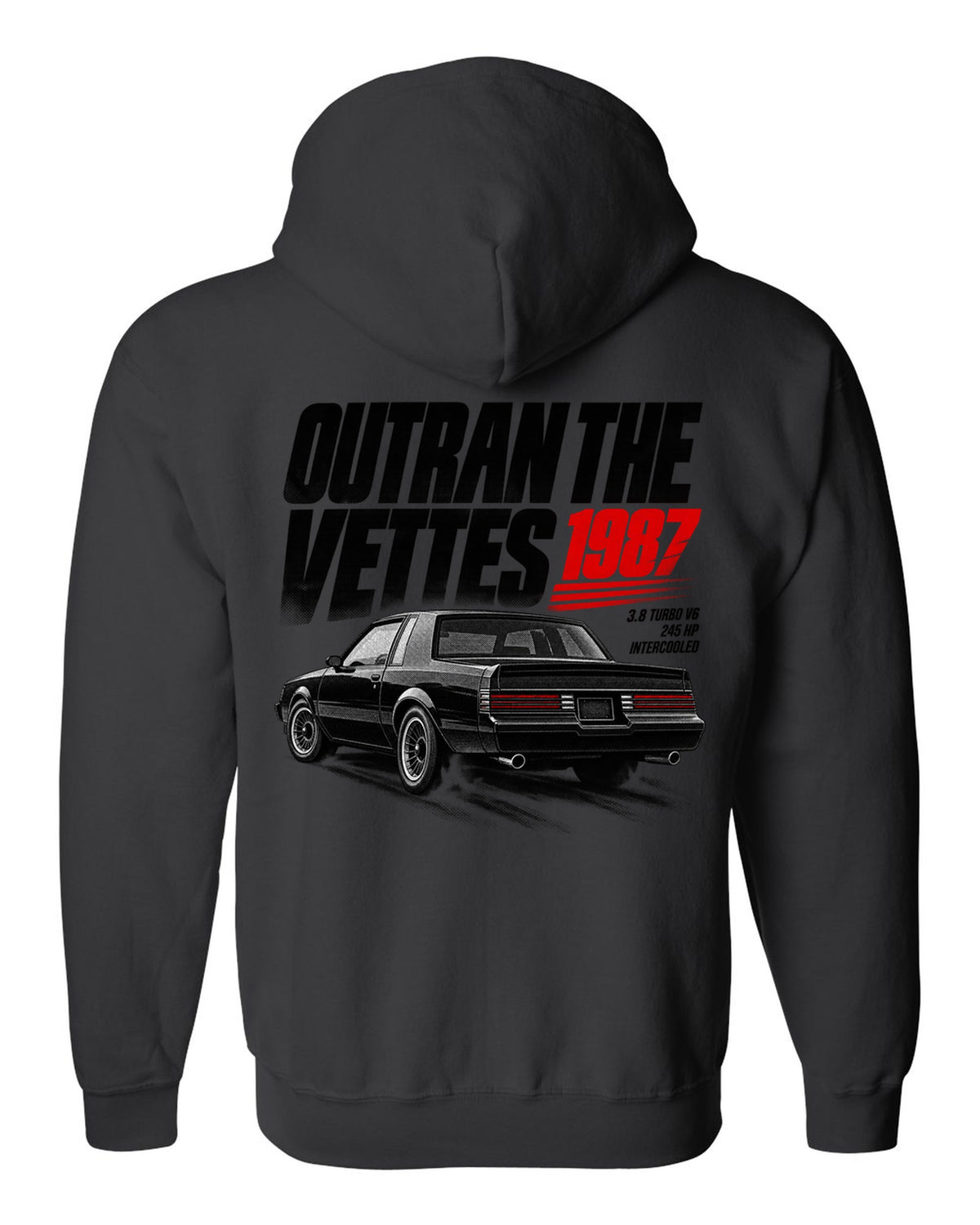 print halftone of a 1987 Buick Regal GN with outran the Vettes lettering black zip hoodie back view with the design