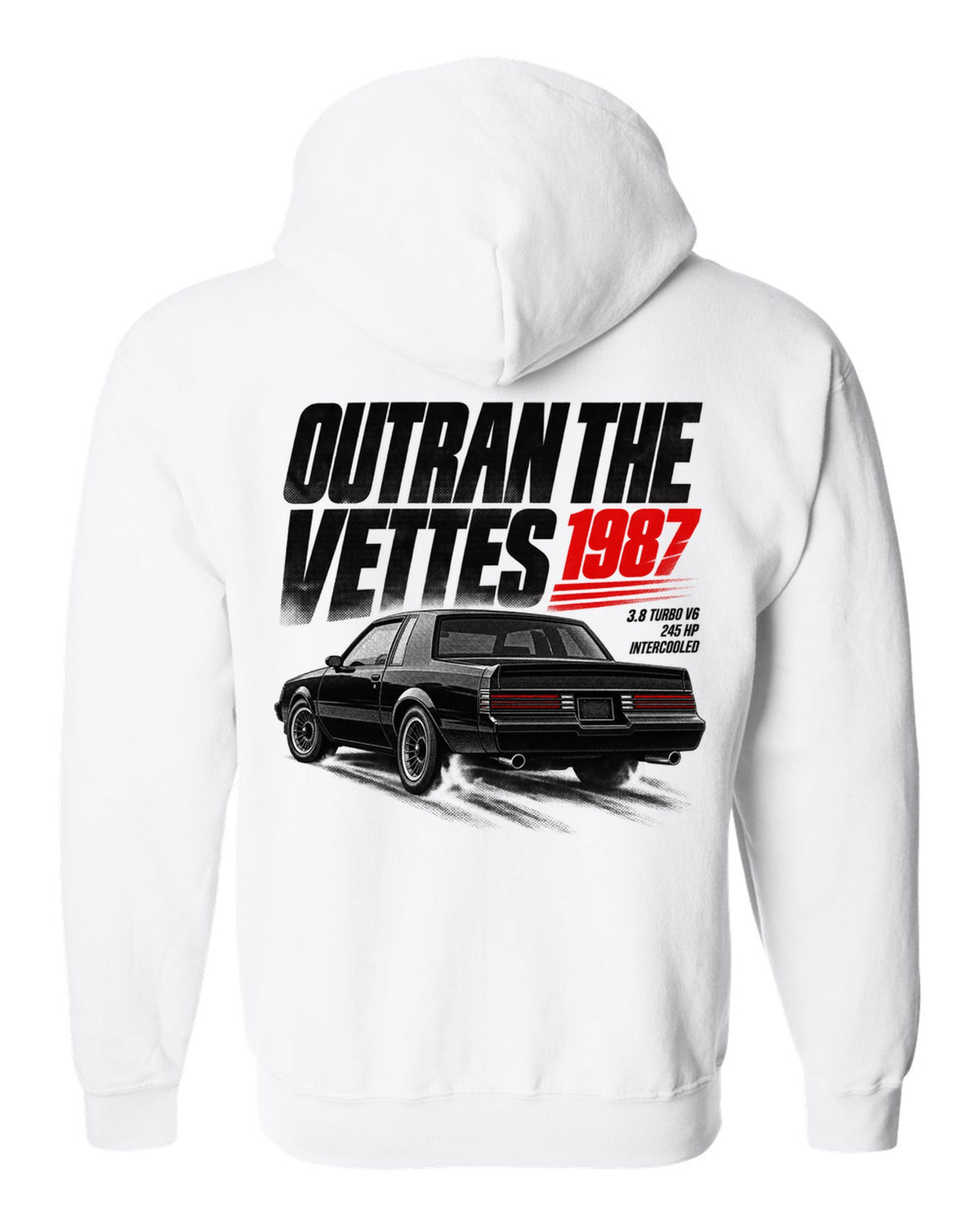 print halftone of a 1987 Buick Regal GN with outran the Vettes lettering white zip hoodie back view with the design