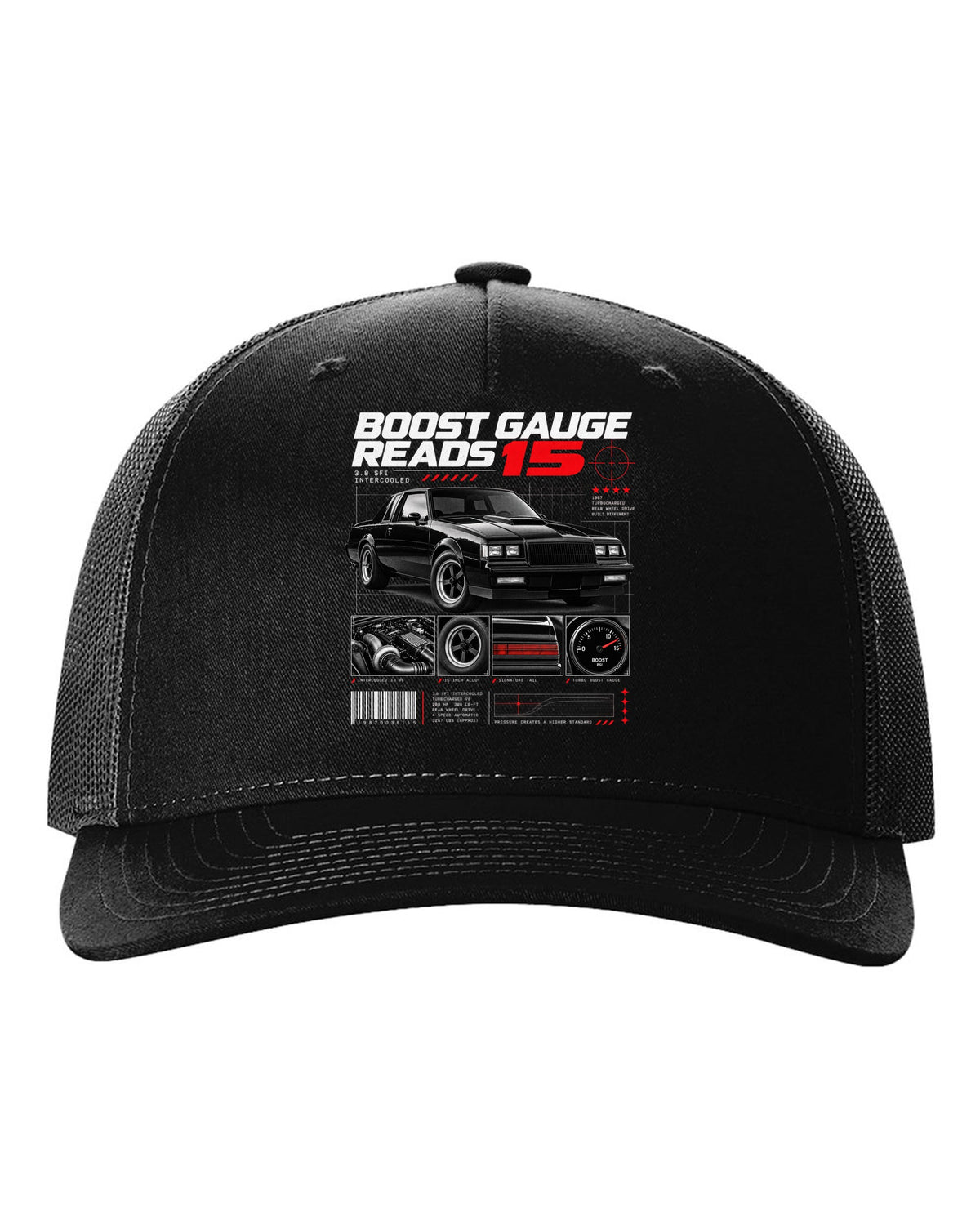 Dossier-panel print of a 1987 Buick Regal Grand National with 3.8 SFI and boost gauge notes black hat front view with the design