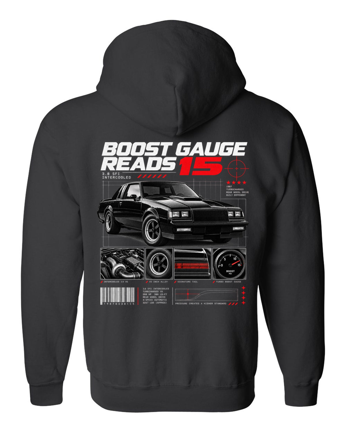 Dossier-panel print of a 1987 Buick Regal Grand National with 3.8 SFI and boost gauge notes black zip hoodie back view with the design