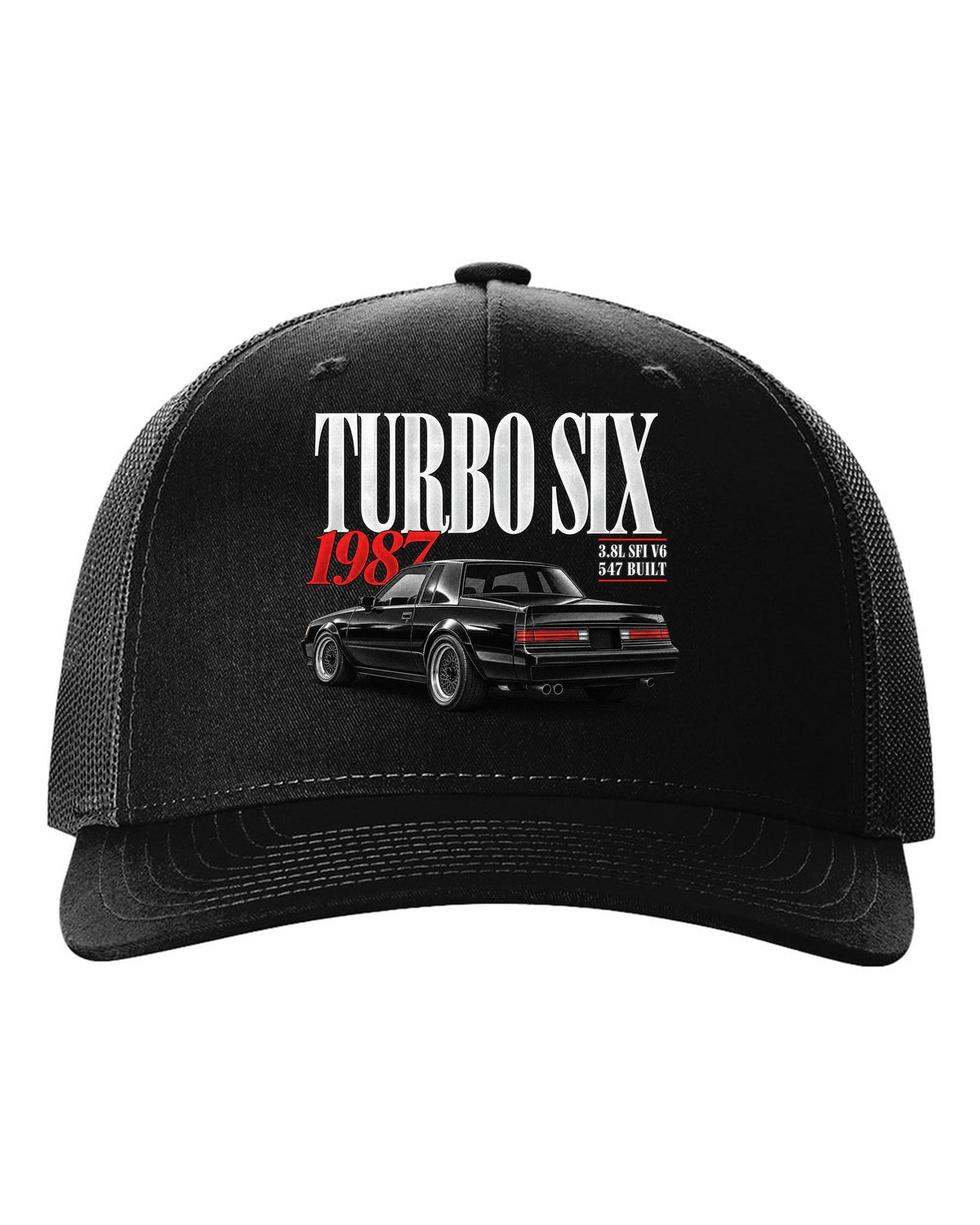 Editorial archive print for a 1987 Buick Regal Grand National GNX with turbo six text black hat front view with the design