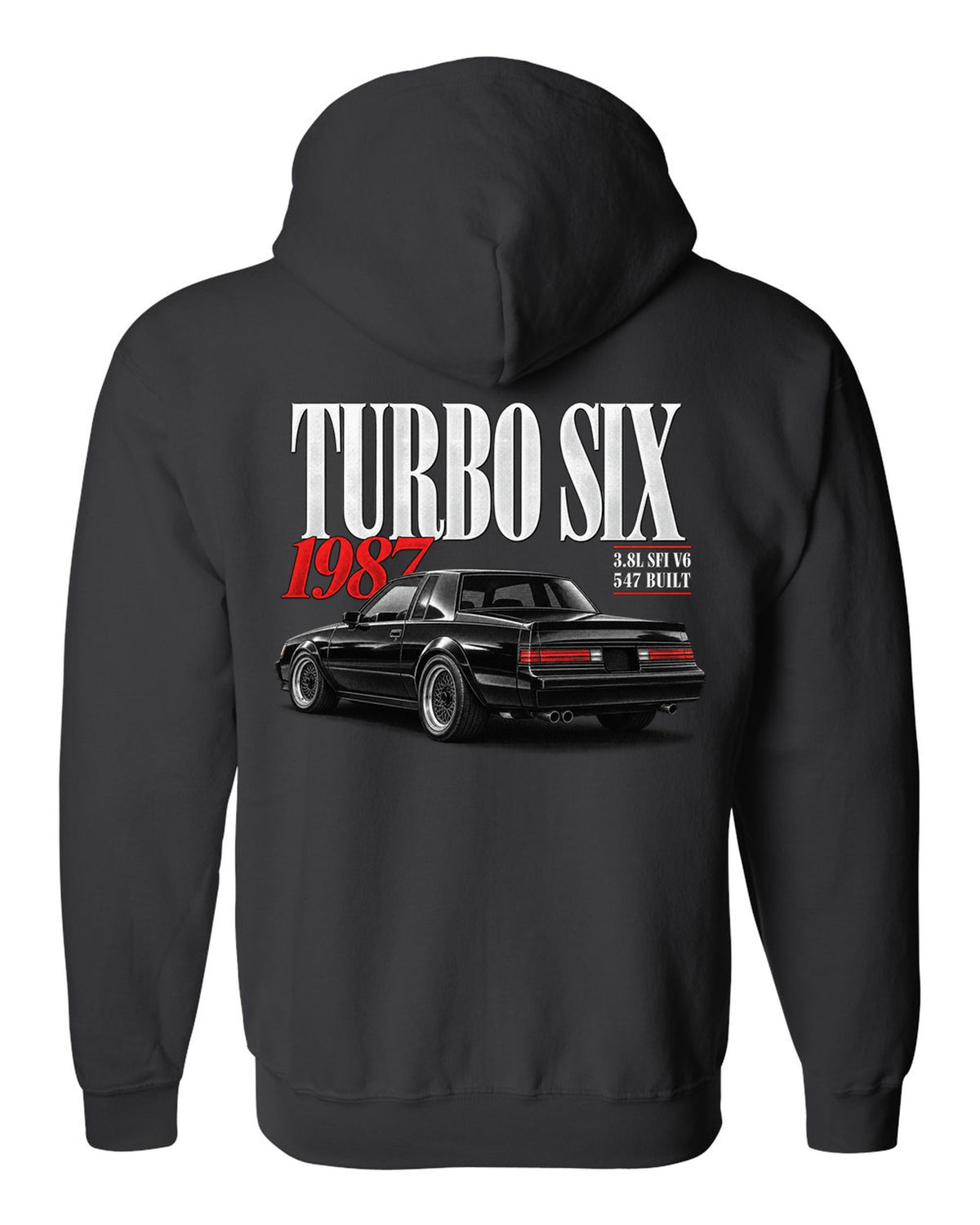 Editorial archive print for a 1987 Buick Regal Grand National GNX with turbo six text black zip hoodie back view with the design