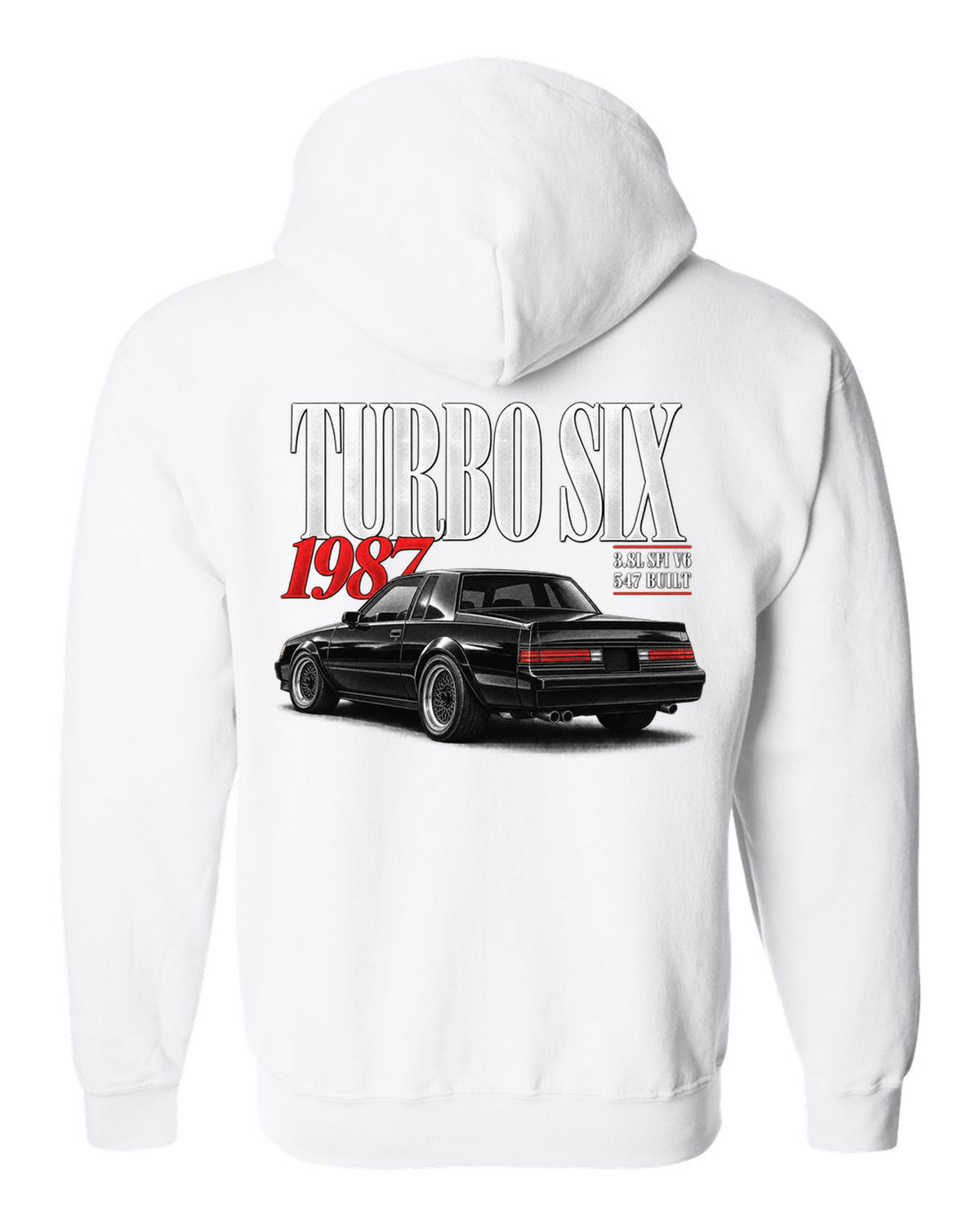 Editorial archive print for a 1987 Buick Regal Grand National GNX with turbo six text white zip hoodie back view with the design