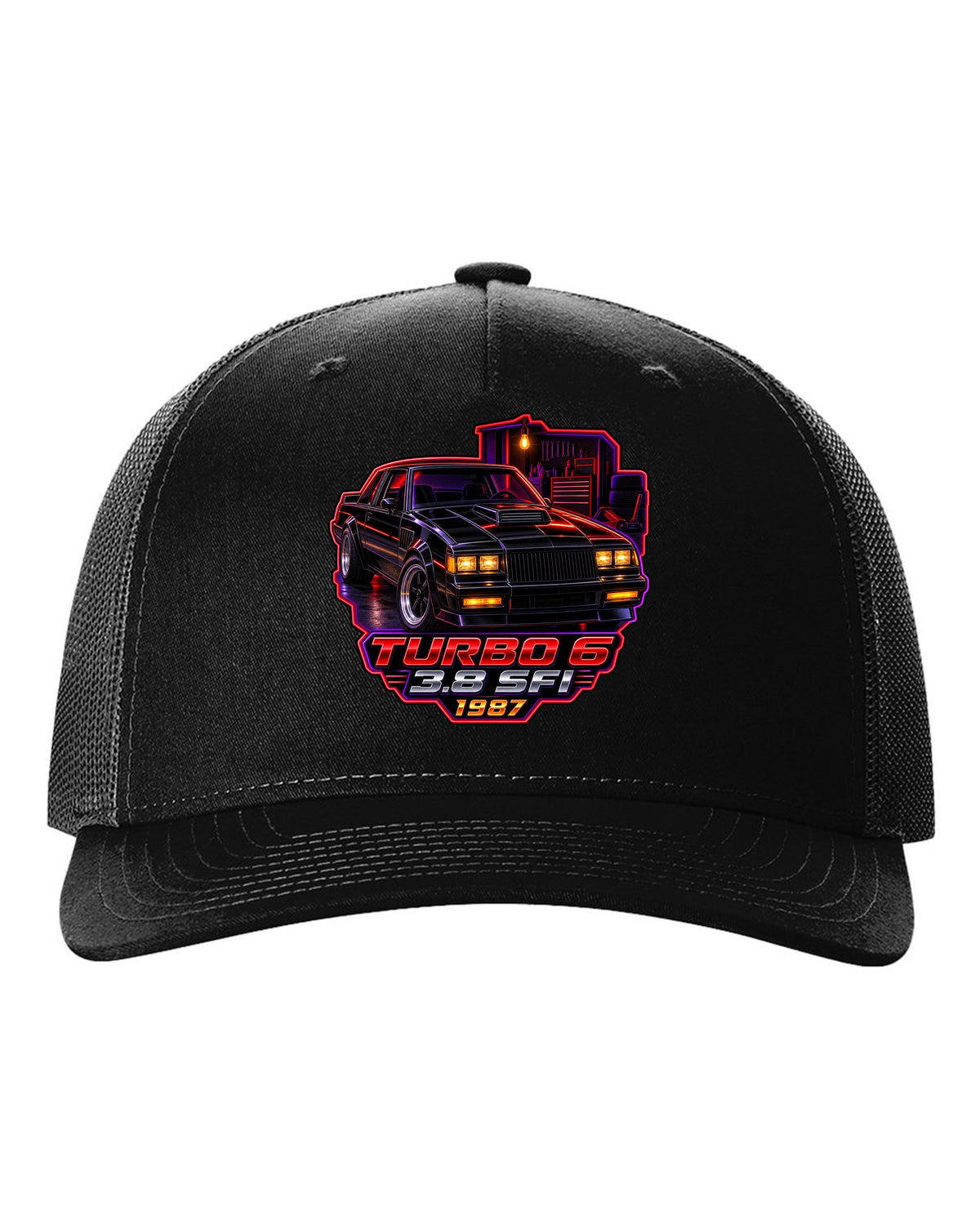 1987 Buick Regal turbo coupe in a neon-lit night garage black hat front view with the design