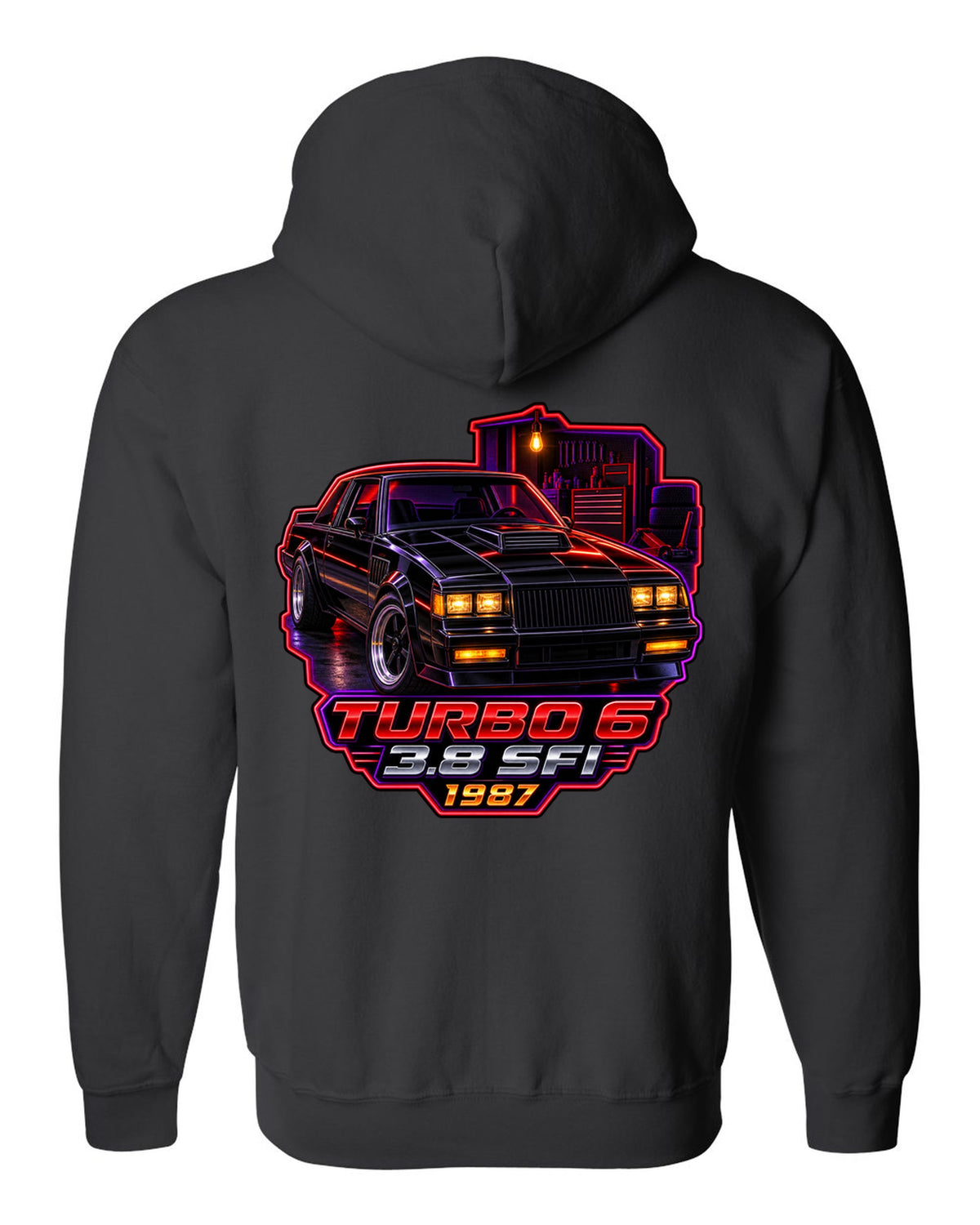 1987 Buick Regal turbo coupe in a neon-lit night garage black zip hoodie back view with the design