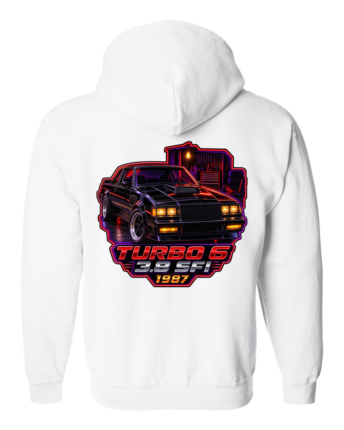 1987 Buick Regal turbo coupe in a neon-lit night garage white zip hoodie back view with the design
