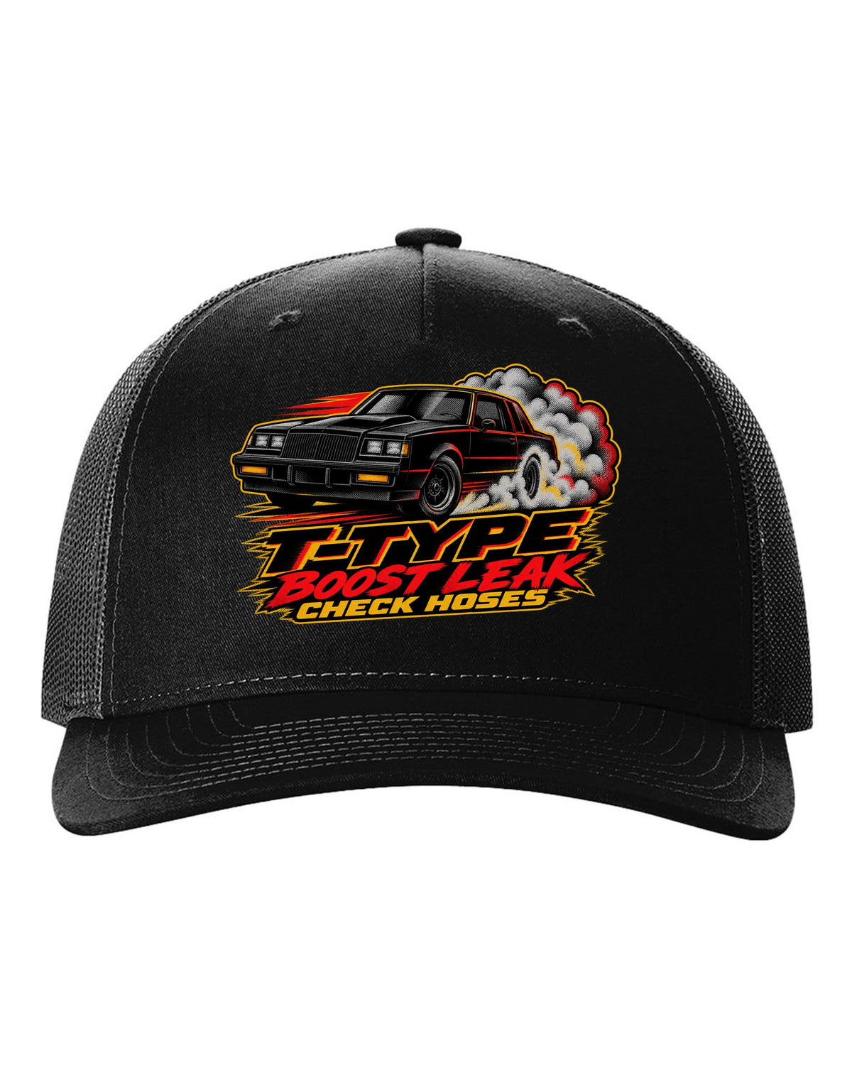 1986 Buick Regal T-Type G-body burnout in halftone screenprint style black hat front view with the design