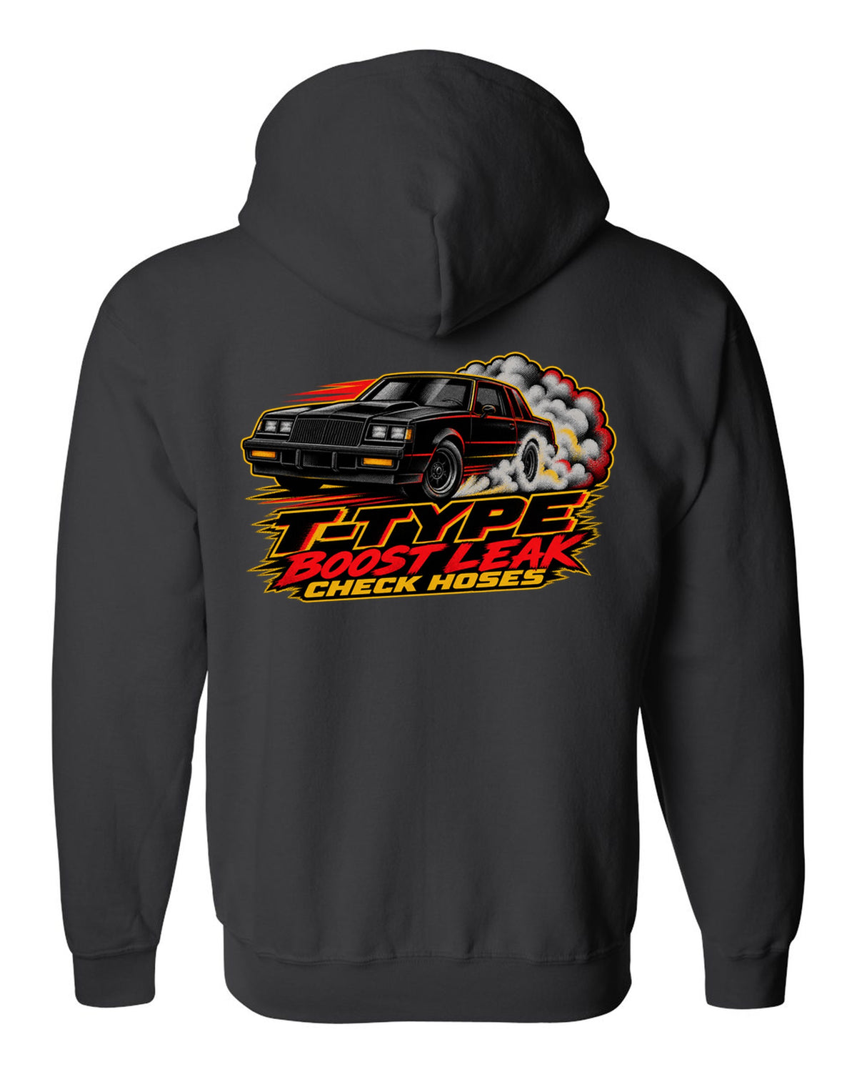 1986 Buick Regal T-Type G-body burnout in halftone screenprint style black zip hoodie back view with the design