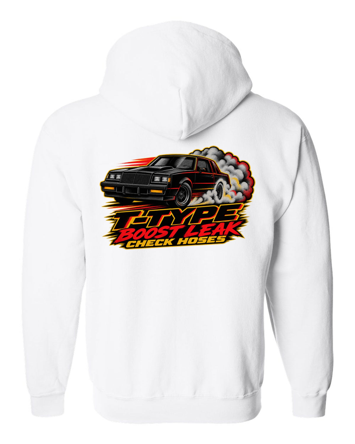 1986 Buick Regal T-Type G-body burnout in halftone screenprint style white zip hoodie back view with the design