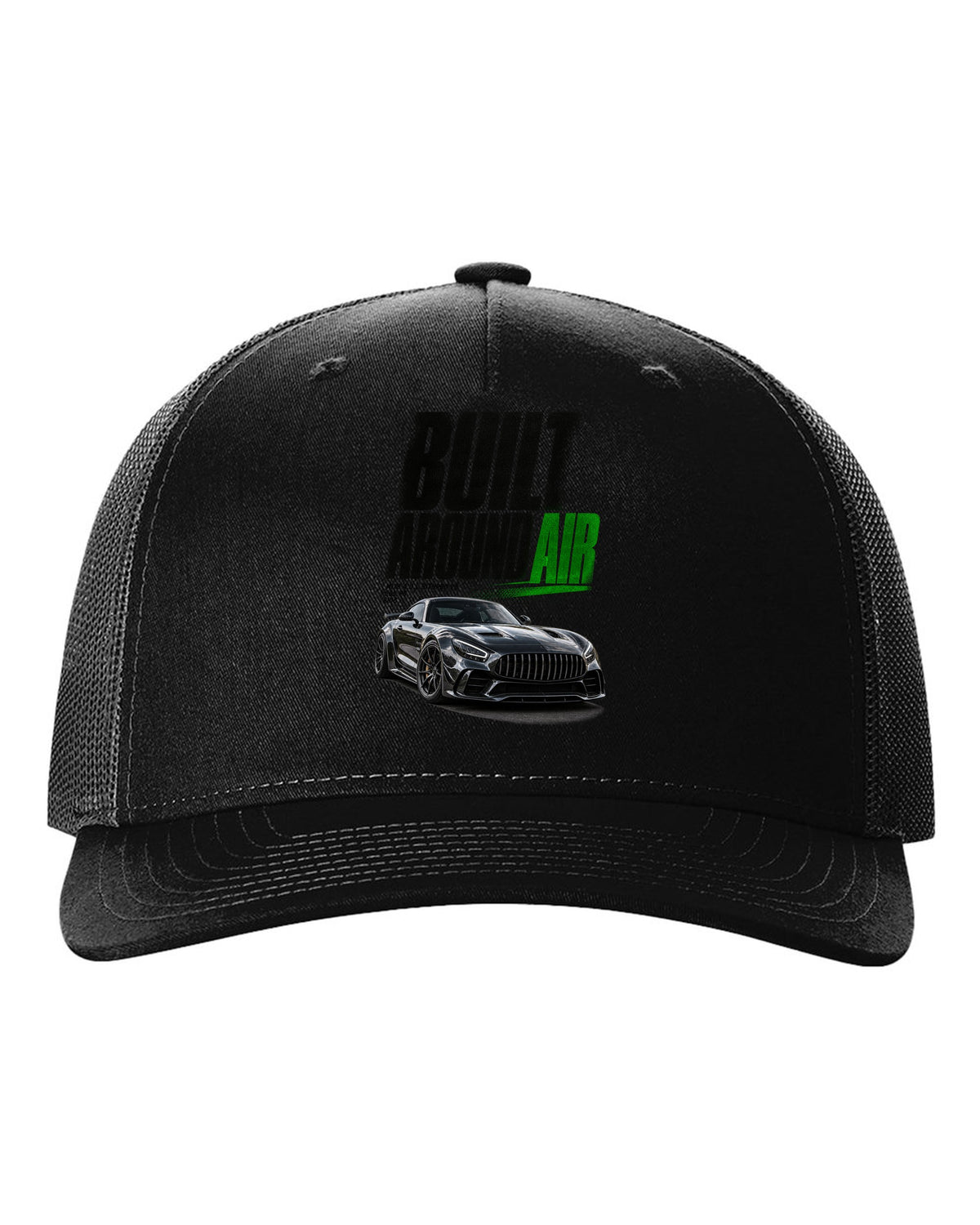 Halftone statement print of a Mercedes-AMG GT R C190 with Built Around Air lettering black hat front view with the design