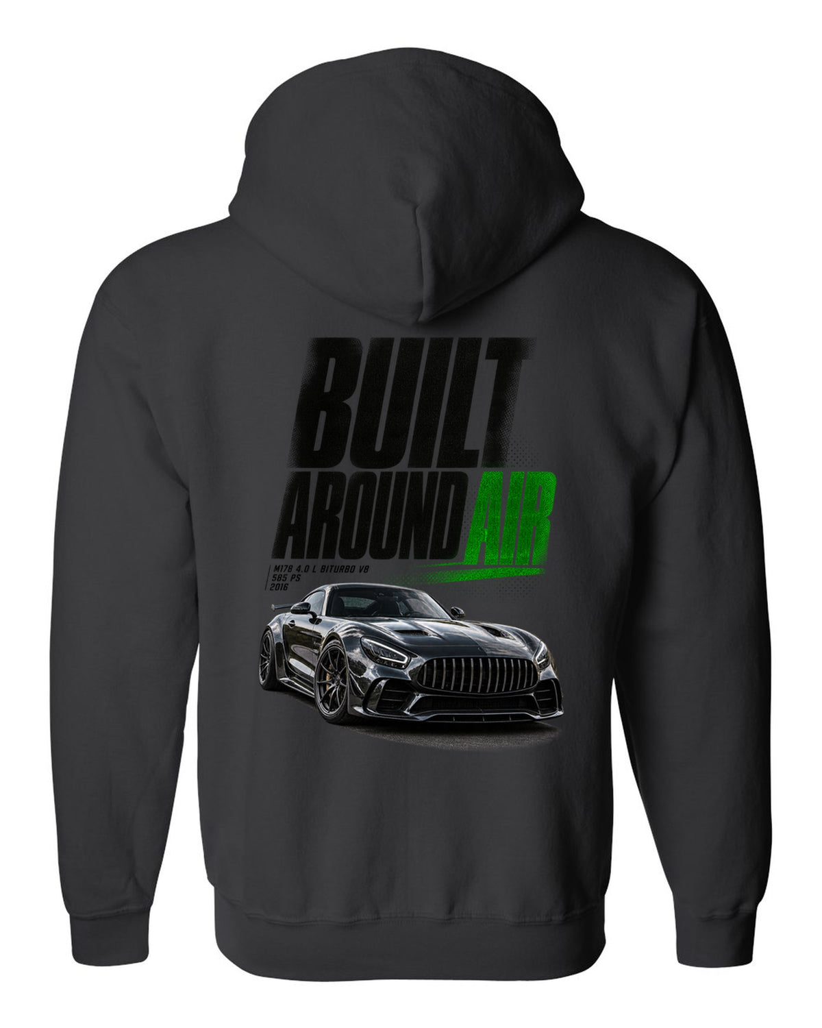 Halftone statement print of a Mercedes-AMG GT R C190 with Built Around Air lettering black zip hoodie back view with the design
